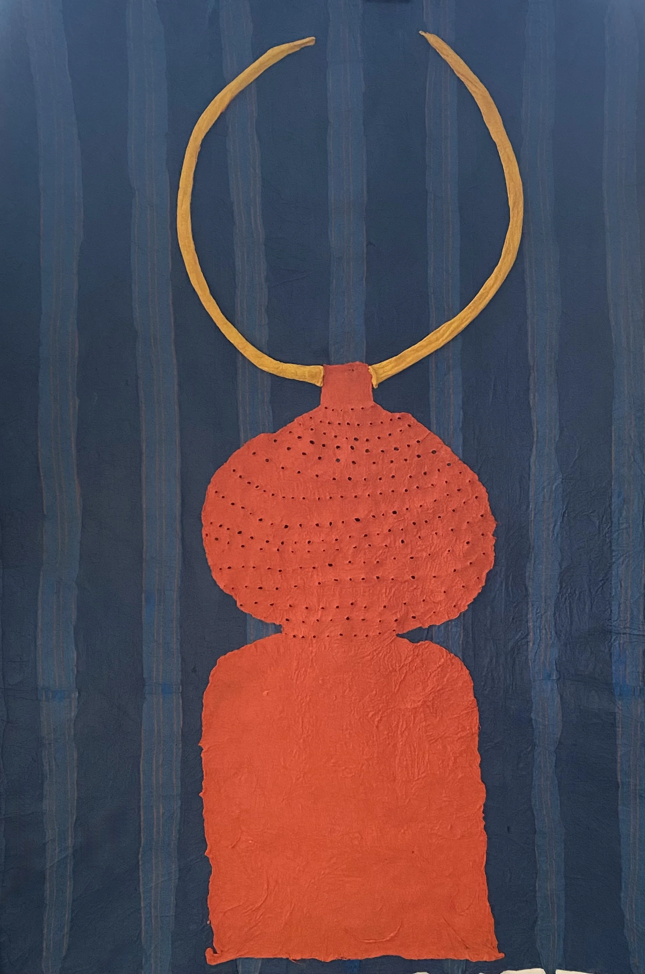 Textured artwork of a stylized face with an orange circle and a yellow crescent shape on a blue background.