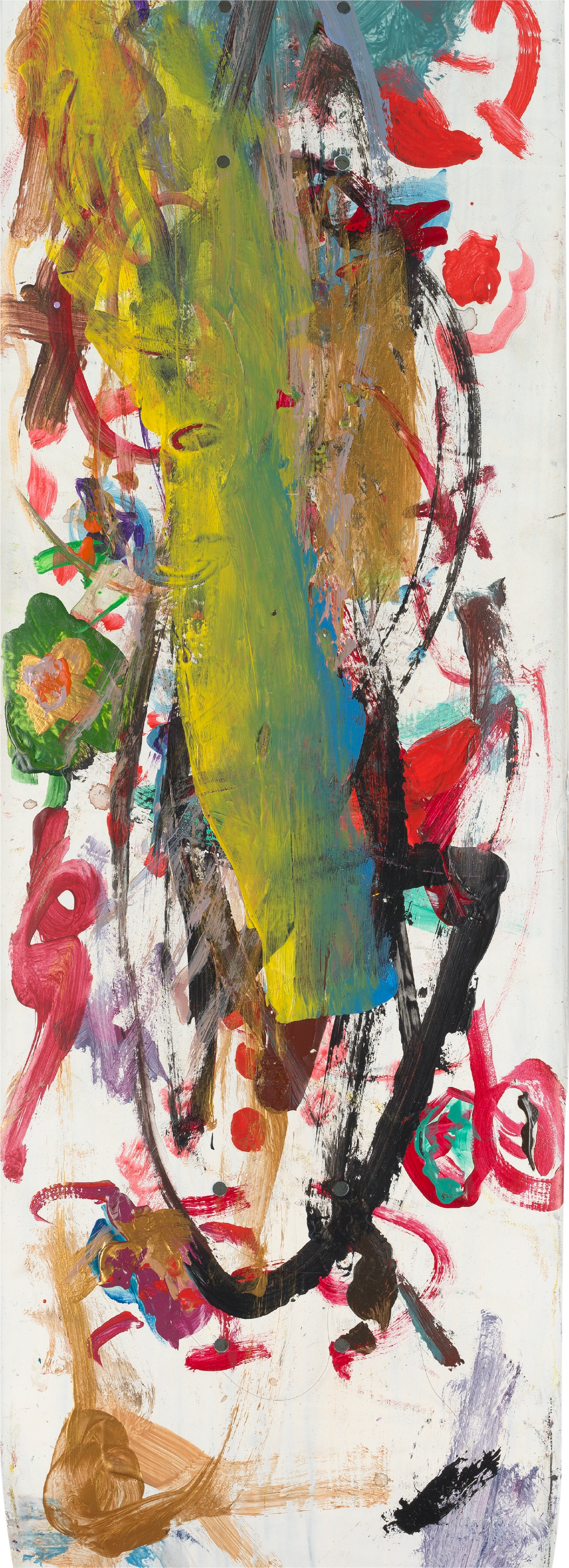 An abstract painting with vibrant colors, bold brushstrokes, and a mix of shapes on a vertical canvas. Bright yellow, green, red, black, and brown dominate the composition.
