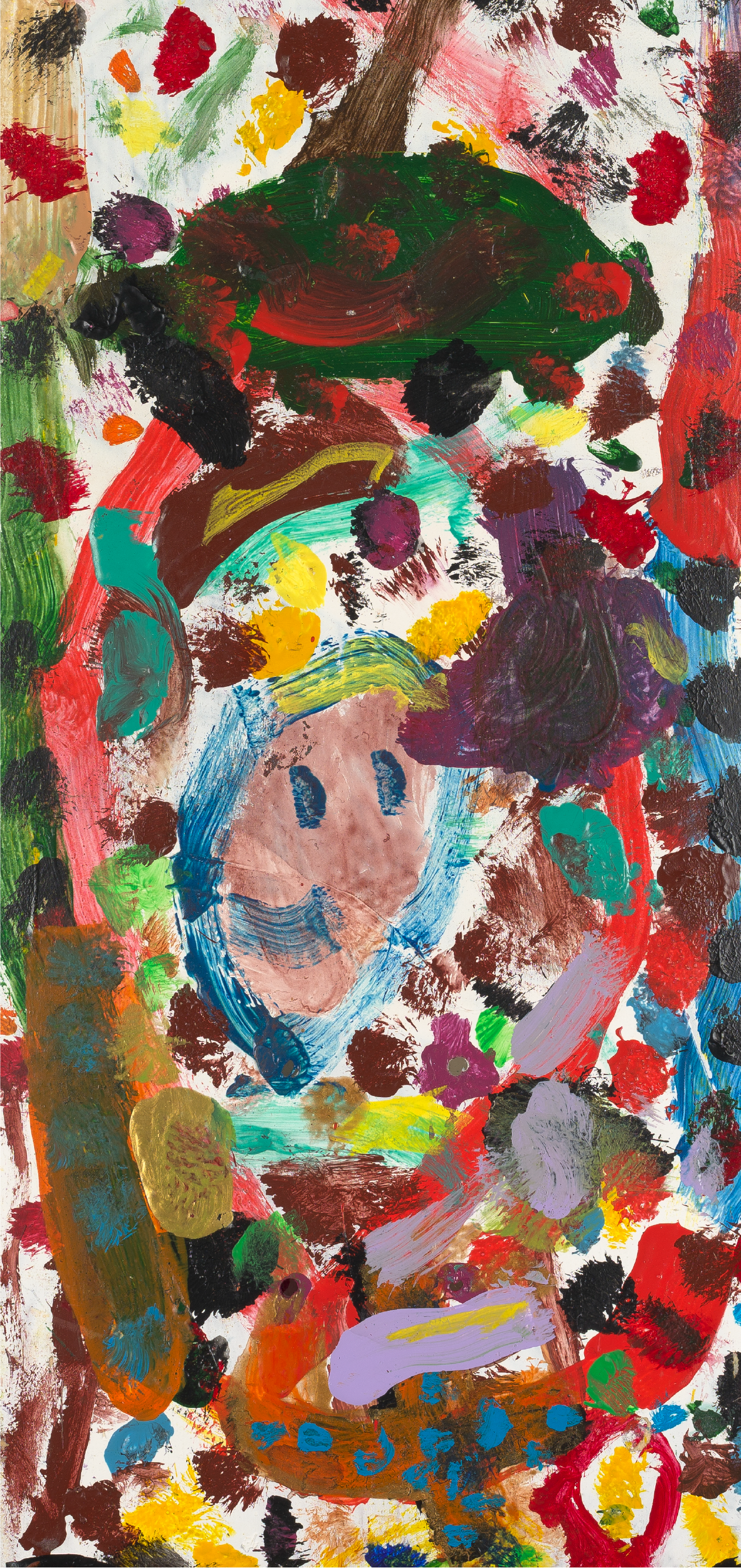 Colorful abstract expressionist painting featuring a face with a smiling expression, surrounded by vibrant splashes of paint in various colors, including red, green, purple, yellow, and blue.