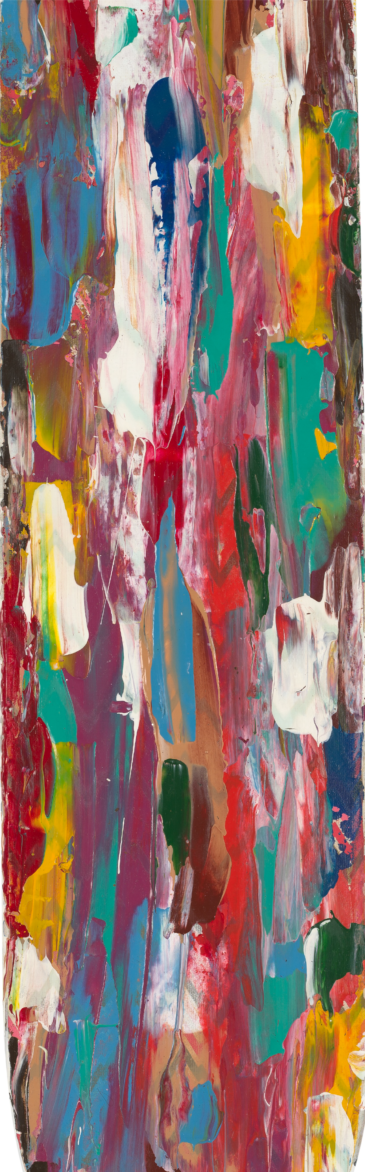 Abstract colorful painting with vertical streaks and splashes of various colors including red, blue, green, yellow, pink, and white.