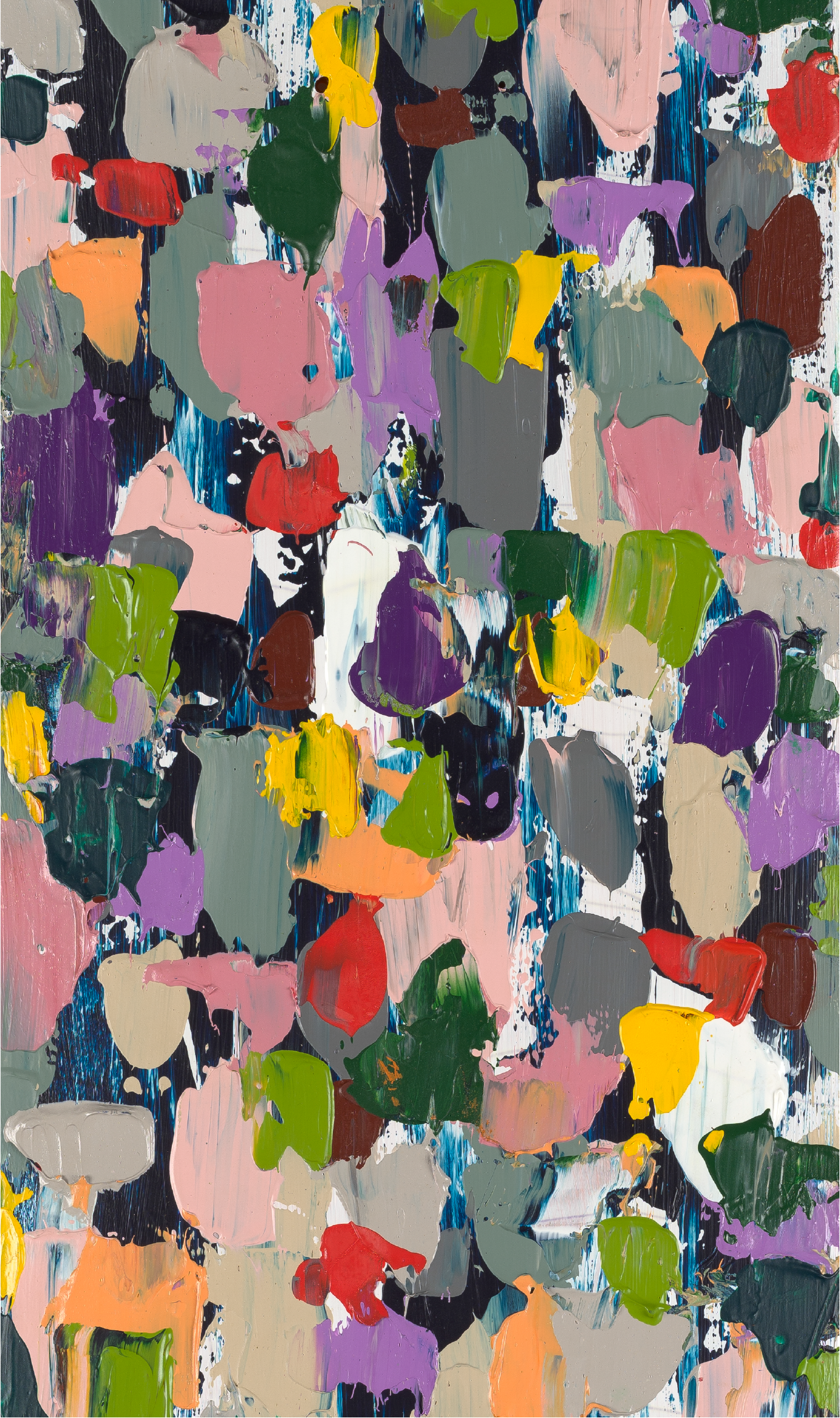 An abstract painting with thick, textured brushstrokes in various colors including pink, purple, green, yellow, red, gray, and black, with some drips and splatters.