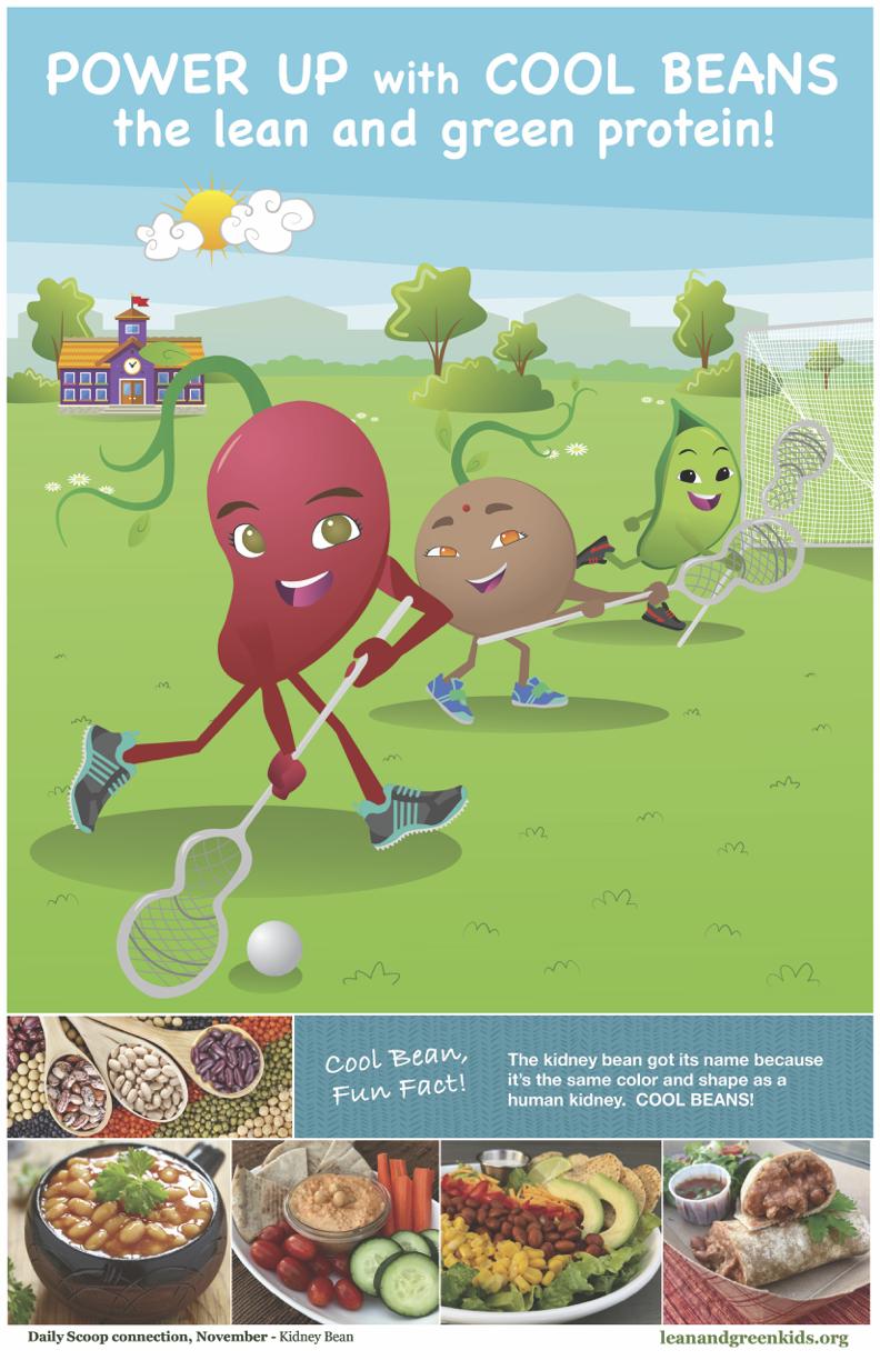 Cartoon characters of a red kidney bean, a brown potato, and a green pea playing tennis outdoors on a grassy field with trees, a school, and a sun in the background. The poster promotes eating green beans for energy, with additional images of various beans, a bean dish, and a salad at the bottom.