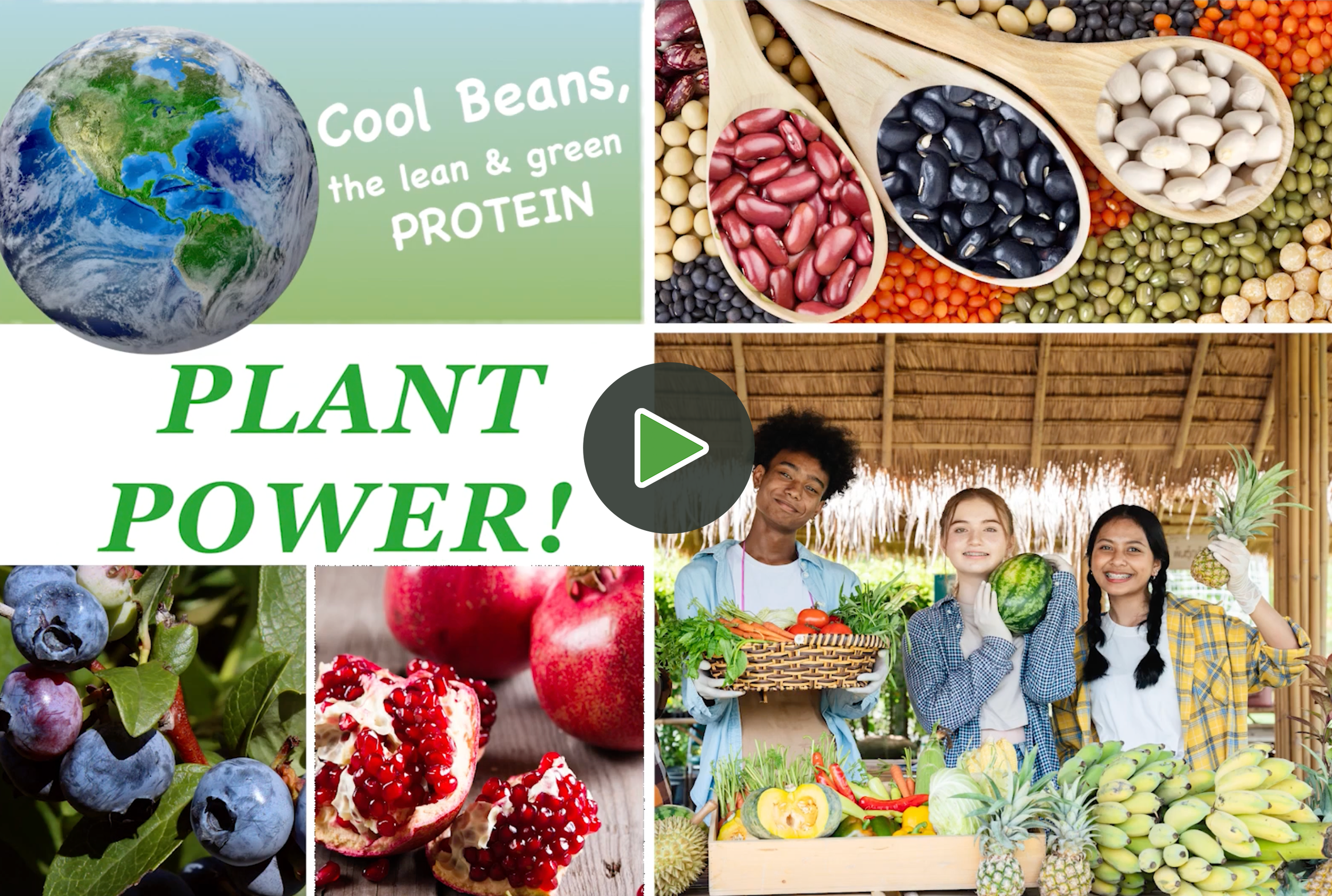 A promotional image about plant-based protein sources featuring the Earth, beans in wooden spoons, and a market scene with smiling people holding vegetables, including pineapples, tomatoes, and leafy greens.