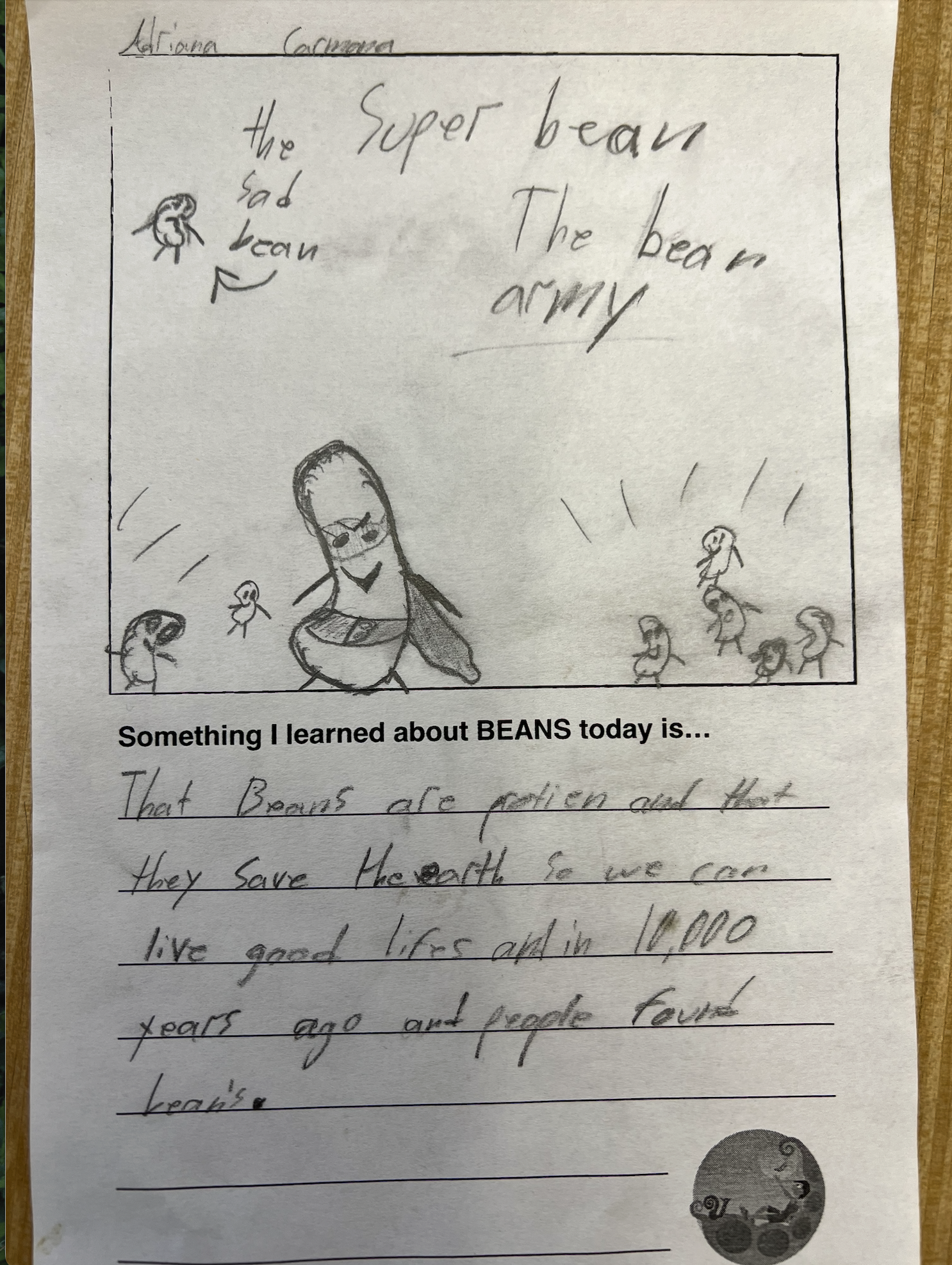 Handwritten notes on paper about beans. The notes include a drawing of a person with sunglasses and a group of small bean characters. The title says, 'the super bean and the bean army'.