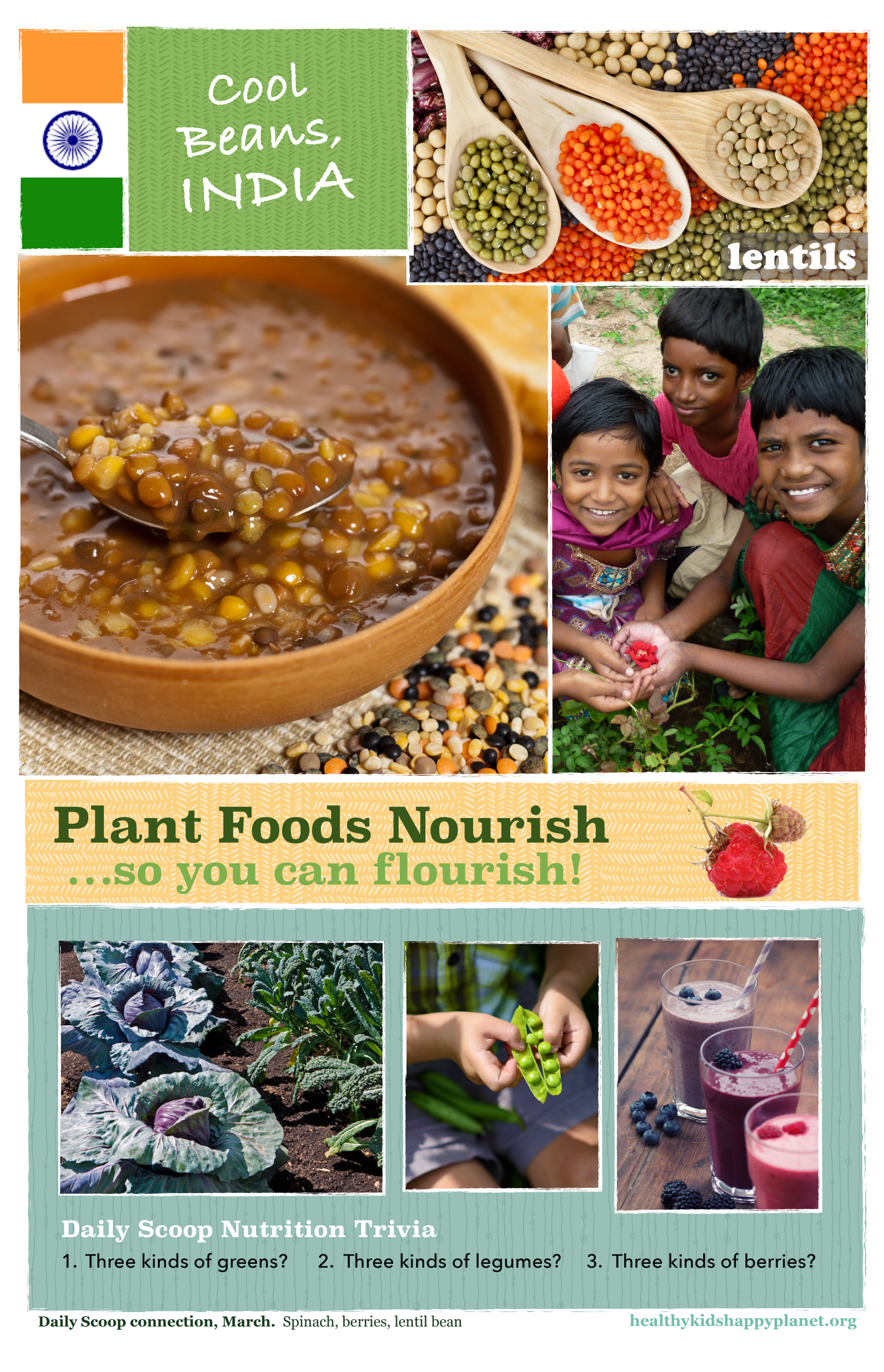 A colorful educational magazine page about plant foods from India, featuring images of lentils, children planting, cabbages, green beans being snapped, and berry smoothies. The text emphasizes nourishing plant foods and includes a nutrition trivia quiz.