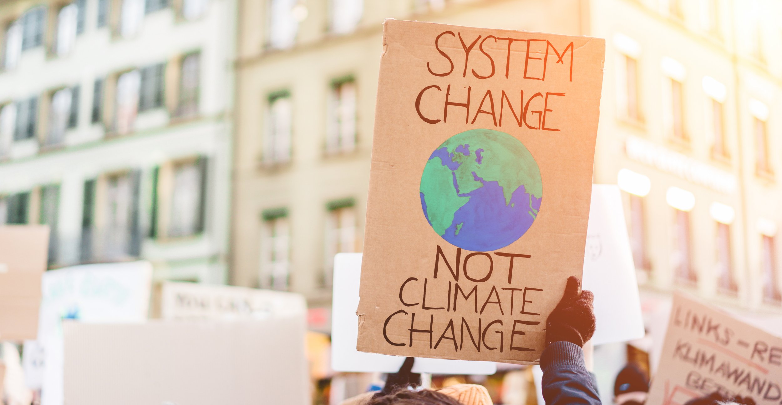 A protester holds a cardboard sign with a drawing of Earth and the message 'System Change Not Climate Change' written above and below the image of Earth, in an outdoor setting with buildings in the background.
