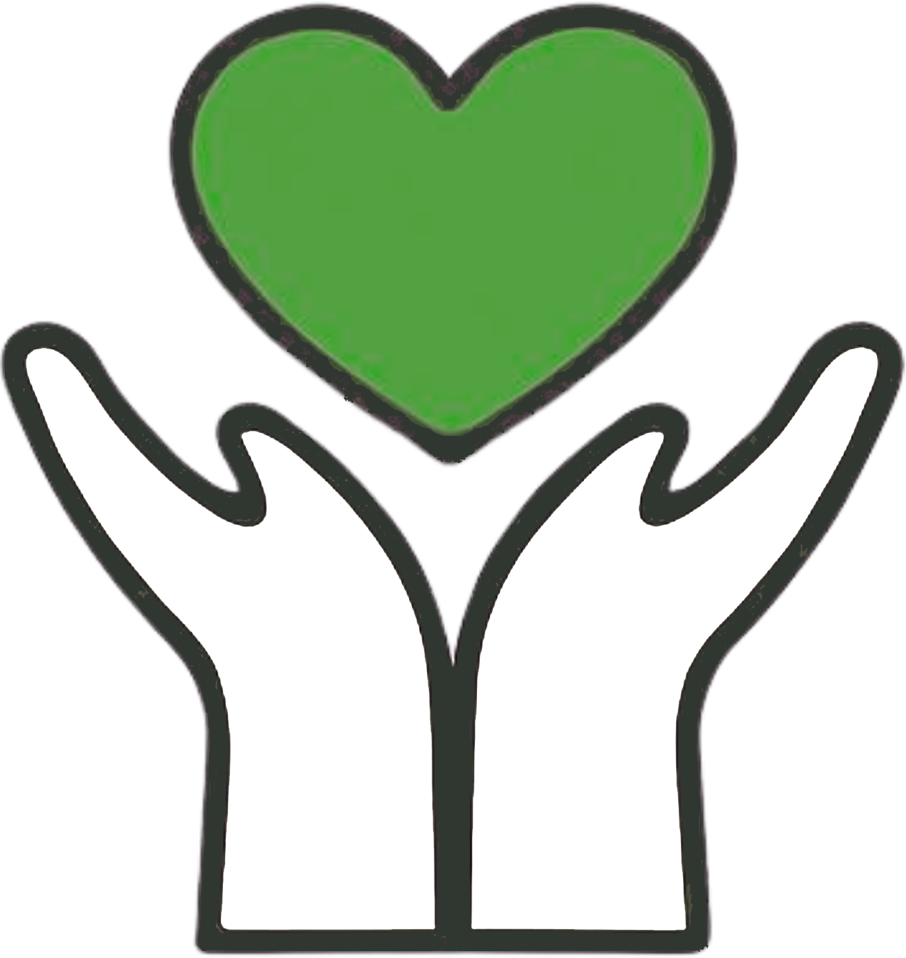 A white hand holding a green heart.