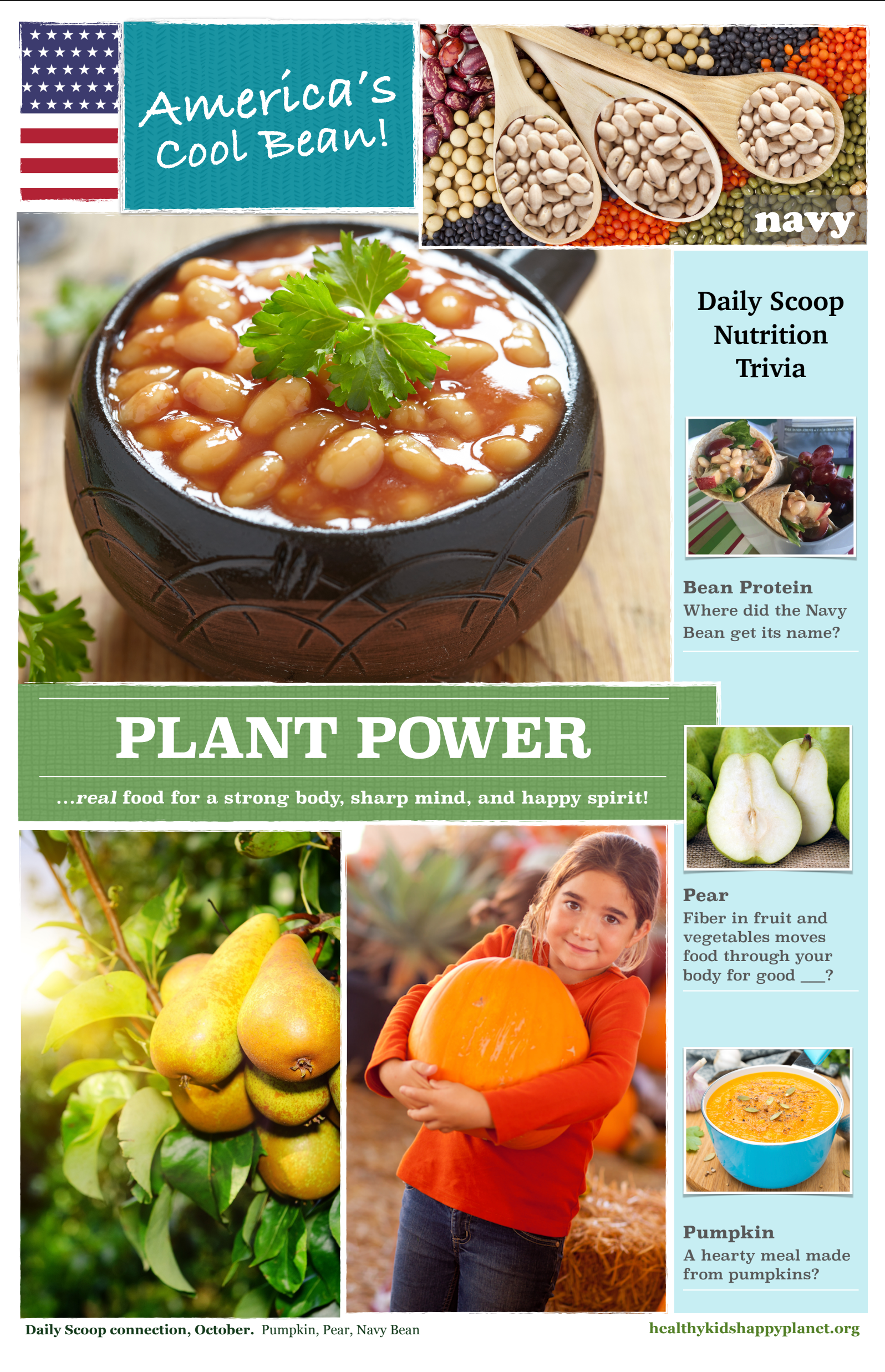 A girl holding a large pumpkin outdoors with fall trees in the background. The collage includes images of pear and navy bean, with text about plant power, nutrition, and healthy food for strong bodies and spirits.