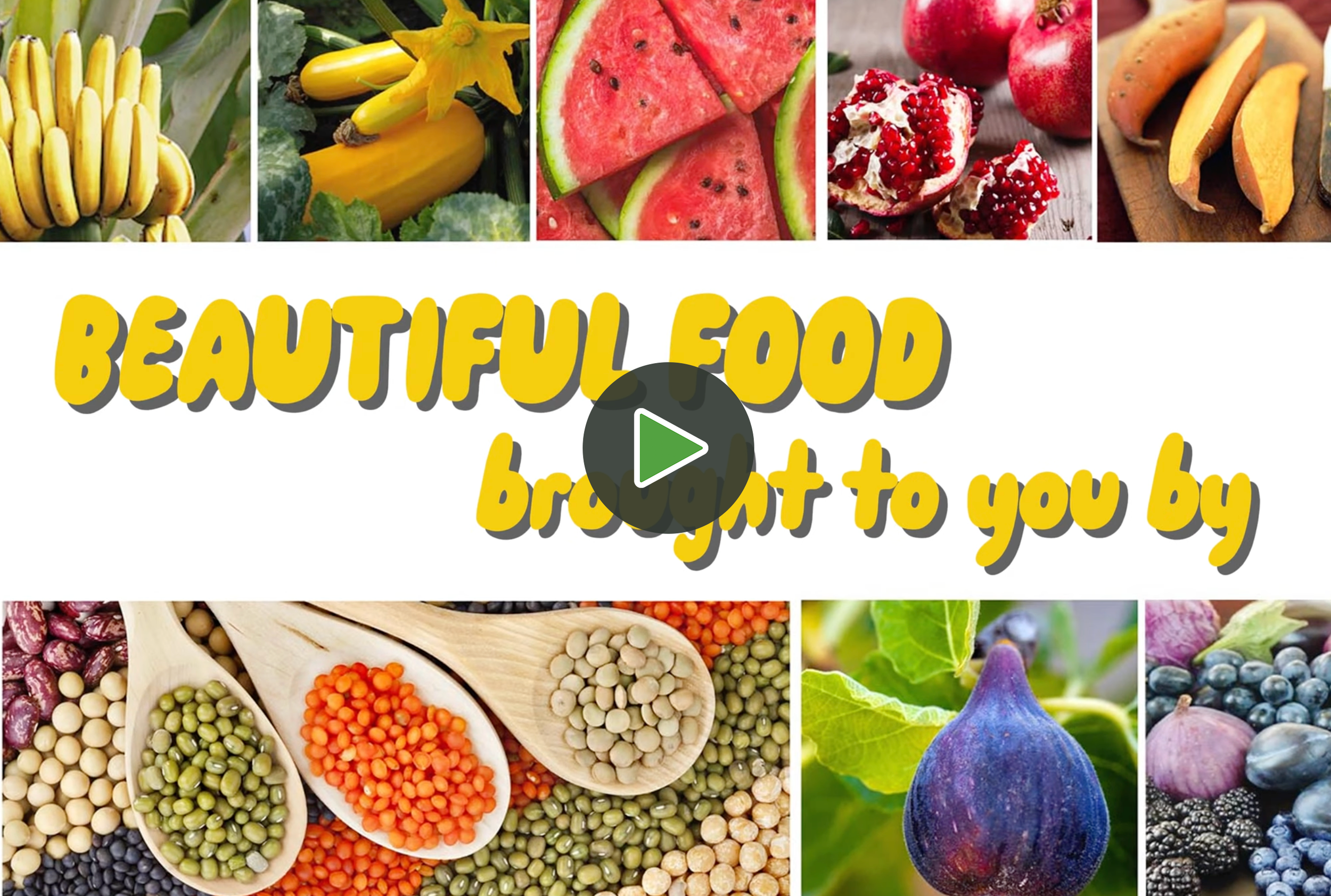 Collage of various colorful fruits and vegetables including bananas, yellow squash, watermelon, pomegranate, apples, sweet potatoes, a fig, and blueberries with the text "Beautiful Food" on top.