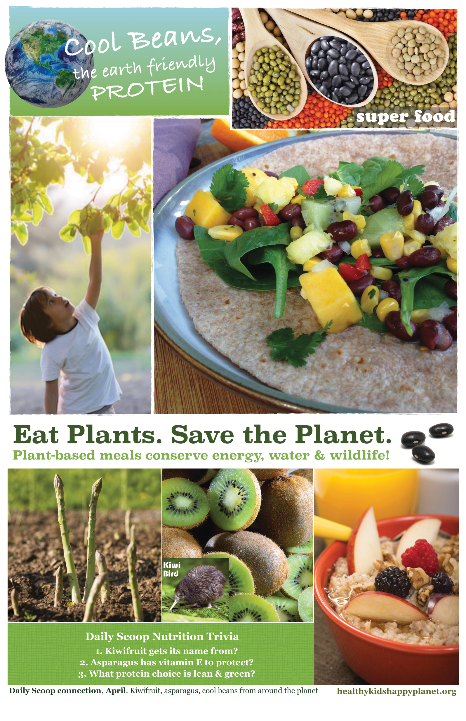 A collage promoting plant-based eating for environmental and health benefits, including an earth illustration with the text 'Cool Beans, the earth friendly protein,' images of various beans, a young girl reaching for leaves on a tree, fresh kiwi fruit, a colorful oatmeal bowl with fruit, and a scoop of mixed vegetables on a tortilla with questions about plant foods.