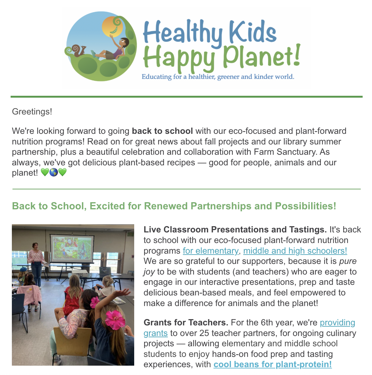 Flyer promoting back to school season, with our educators going back into classrooms for live presentations and tastings. Mention of grant available to teachers.