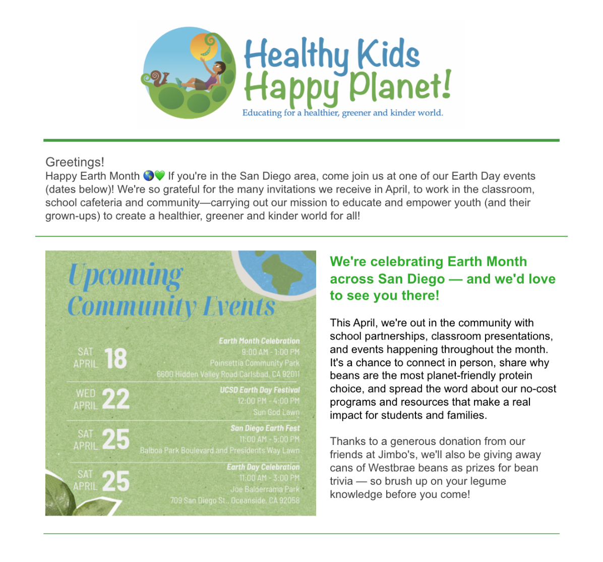 Flyer promoting Earth Month events in San Diego, including a schedule of upcoming community events with dates, times, and locations, celebrating Earth Day, and encouraging community participation.