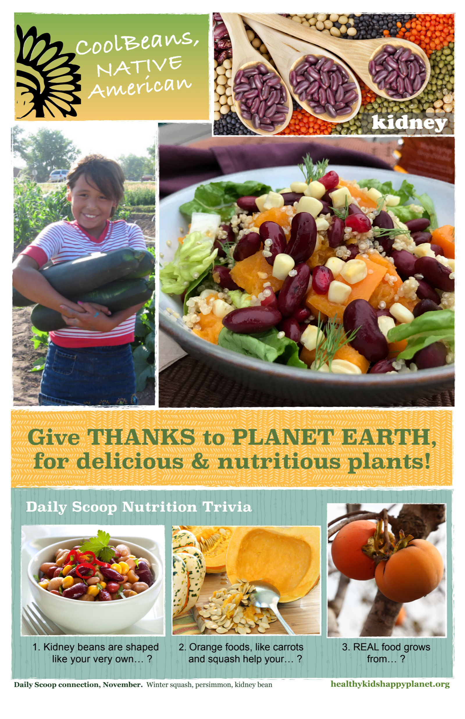 A colorful collage promoting the importance of eating nutritious plants. It includes an image of a girl holding zucchini, a bowl of bean salad, a garden with ripe persimmons, a selection of vegetables, and a section with beans and seeds. Text encourages giving thanks to the planet for delicious, nutritious plants.