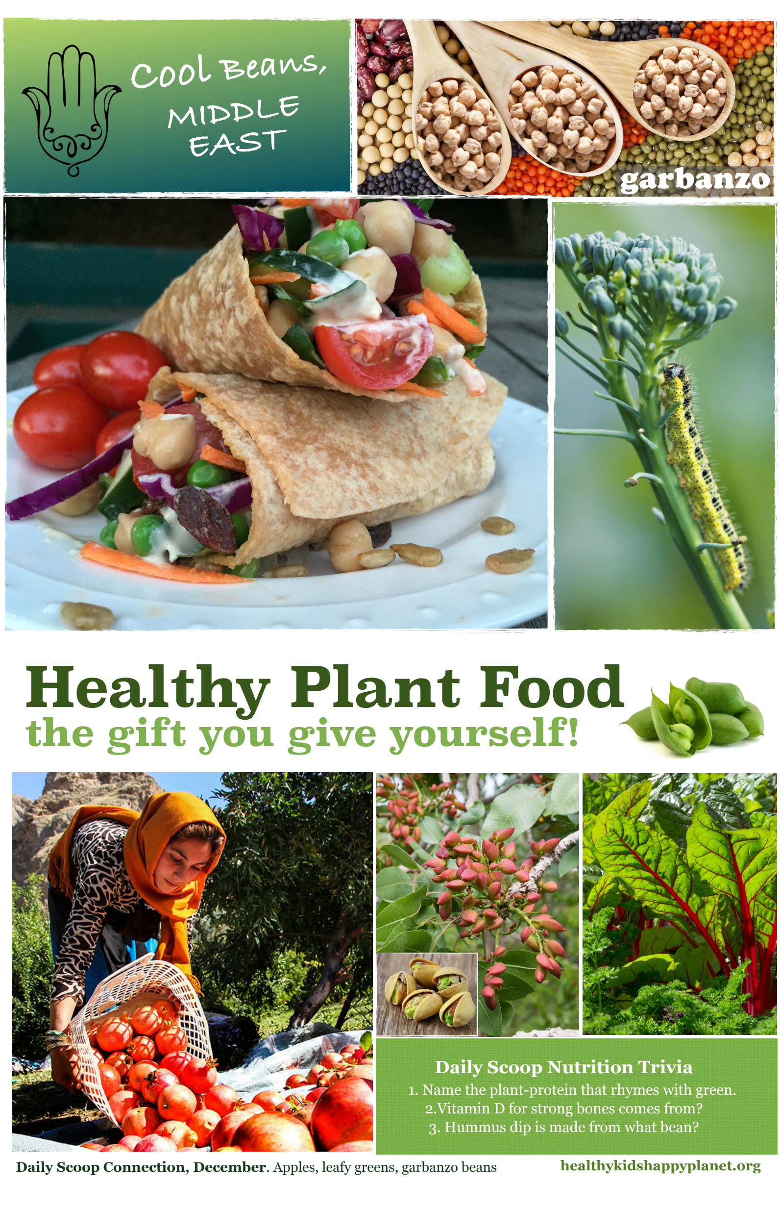 A colorful collage promoting healthy plant foods, featuring a vegetable and fruit market scene, a variety of vegetables, seeds, plants, and a salad wrap, with text highlighting the benefits of plant-based foods and a trivia quiz about nutrition.