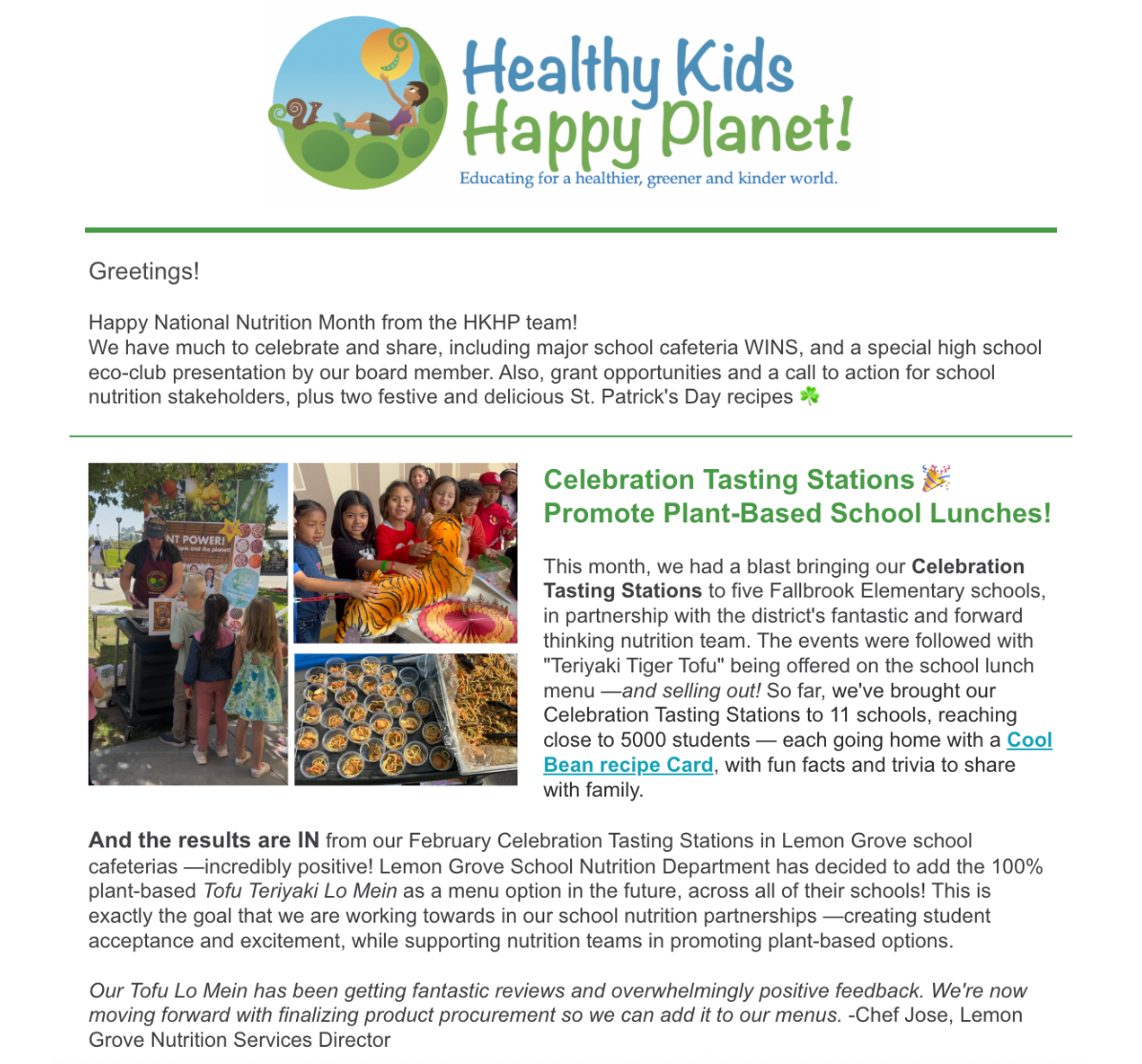 Email newsletter from Healthy Kids Happy Planet featuring photos of children at a celebration tasting station with a tiger plush toy and plant-based food, with the headline 'Celebration Tasting Stations Promote Plant-Based School Lunches!' and various text about nutrition events and partnership achievements.