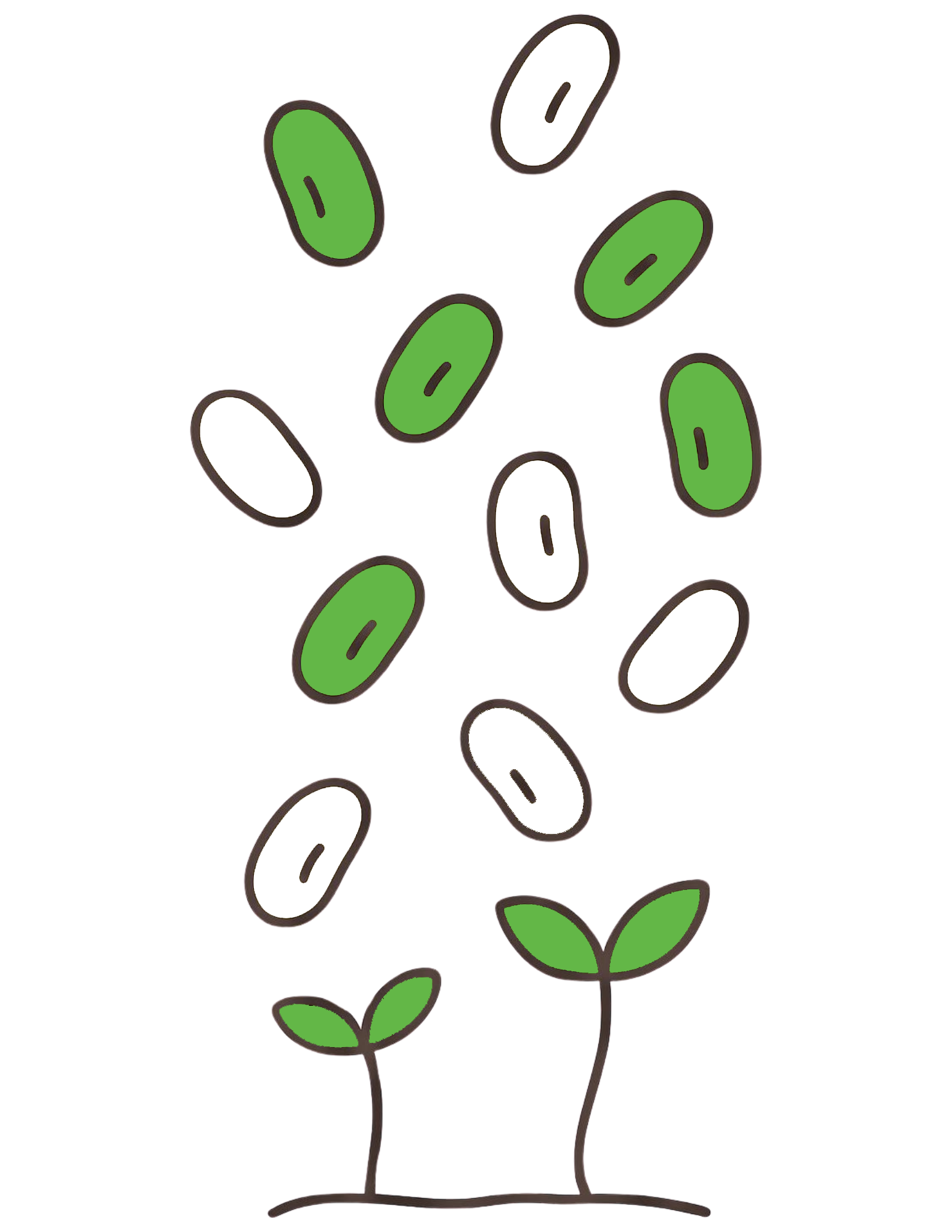 Illustration of a sprout with green leaves growing in a gray pot, with seeds falling around it.