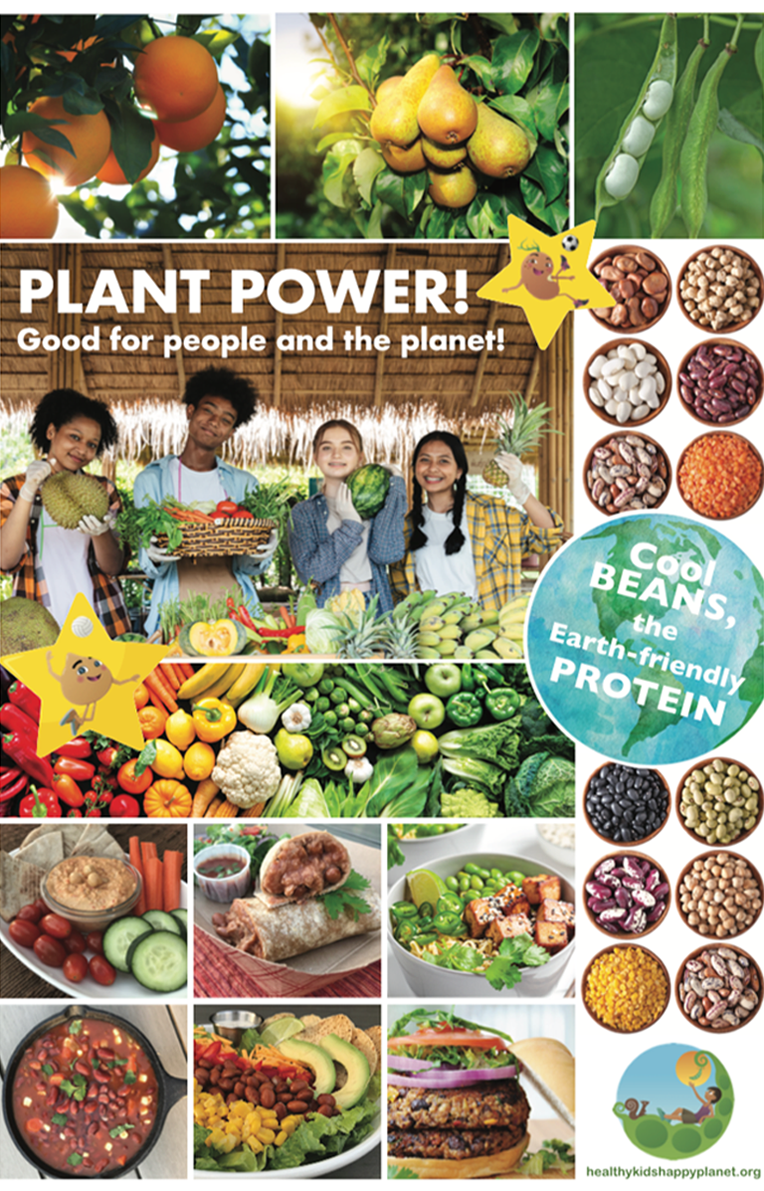 A colorful poster with pictures of fruits, vegetables, nuts, beans, and healthy meals. Shows smiling children in a farm setting, with the title 'Plant Power! Good for people and the planet!'. Highlights beans as a good source of earth-friendly protein.