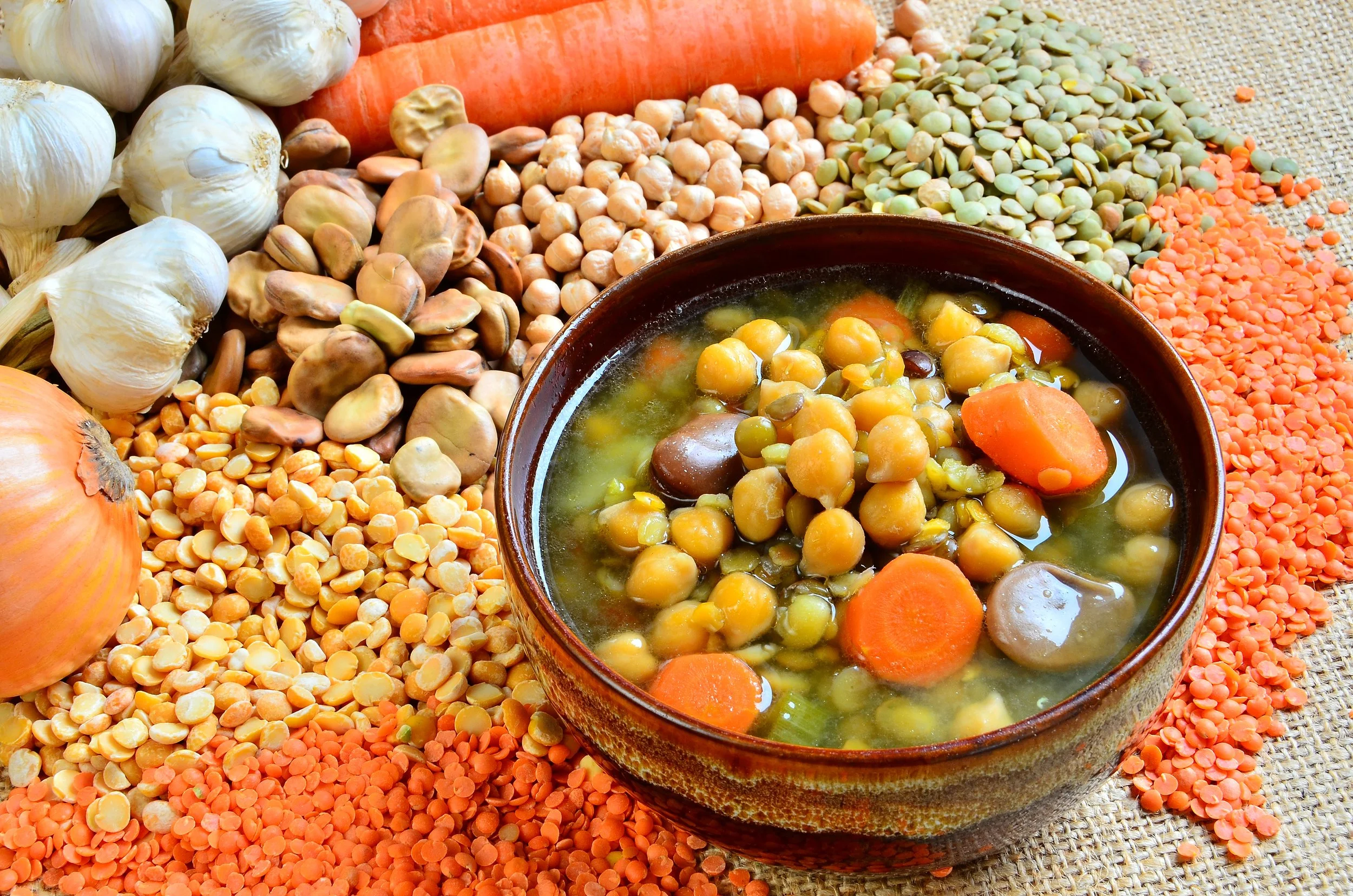 A close-up of various dried legumes and vegetables, including garlic bulbs, a carrot, chickpeas, lentils, split peas, and a bowl of vegetable soup containing chickpeas and carrots.
