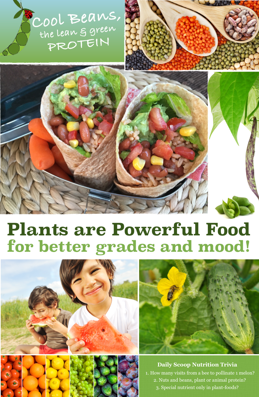 Children enjoying watermelon outdoors, close-up of a cucumber plant with a yellow flower, and various colorful beans in spoonfuls. The cover promotes plants as powerful food for better grades and mood.