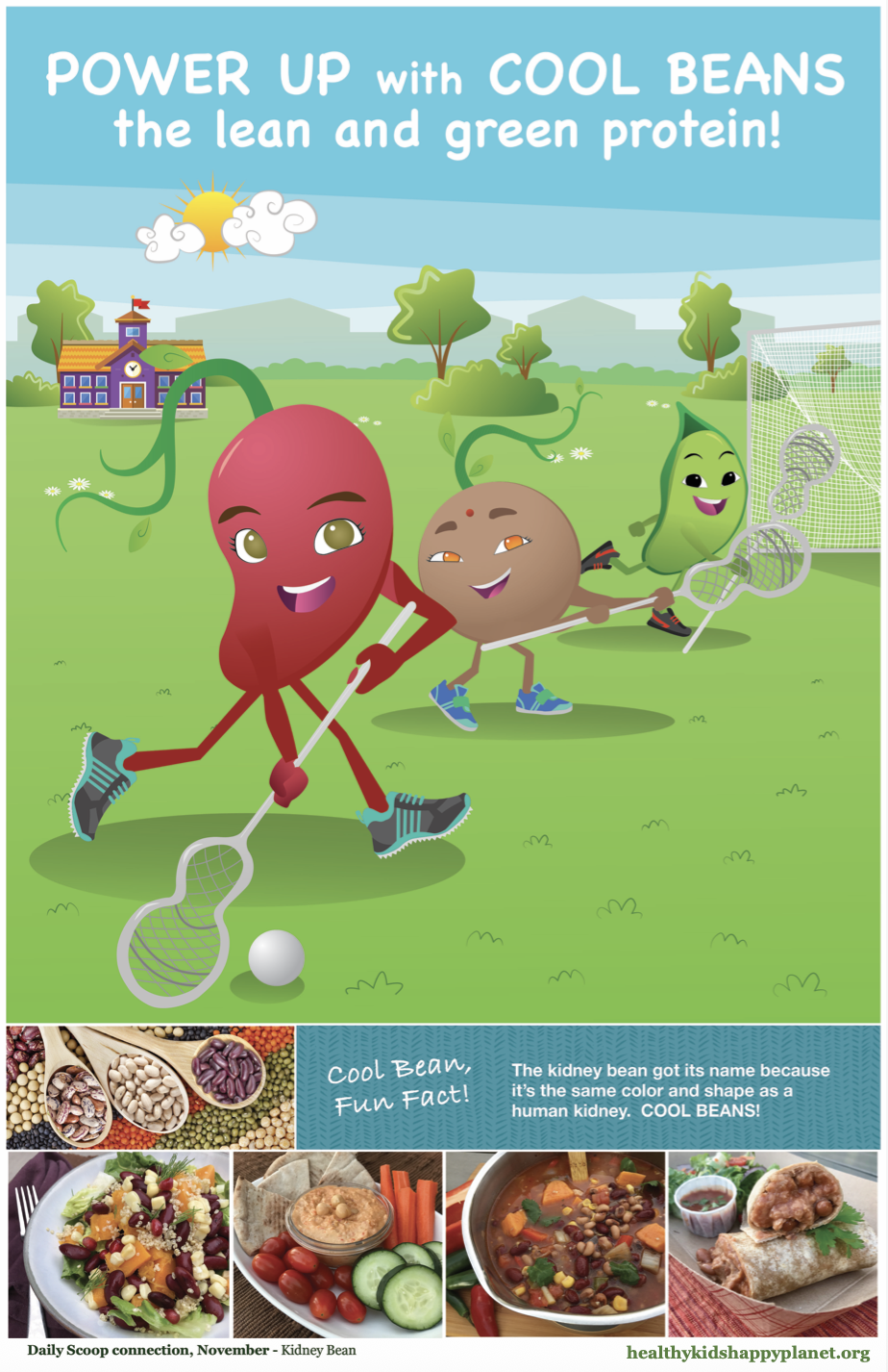 Cartoon characters of a red kidney bean, a brown potato, and a green pea playing tennis outdoors on a grassy field with trees, a school, and a sun in the background. The poster promotes eating green beans for energy, with additional images of various beans, a bean dish, and a salad at the bottom.