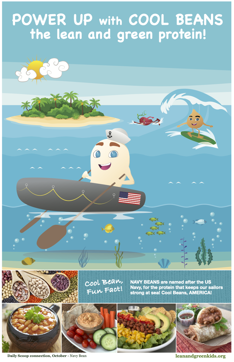 A cartoon illustration of an island, a sunny sky with clouds, a crab, a girl surfing, and a cheerful sailor character on a boat with an American flag, surrounded by fish and seaweed, promoting green beans as a healthy protein. There are also small pictures of various dishes containing beans at the bottom.