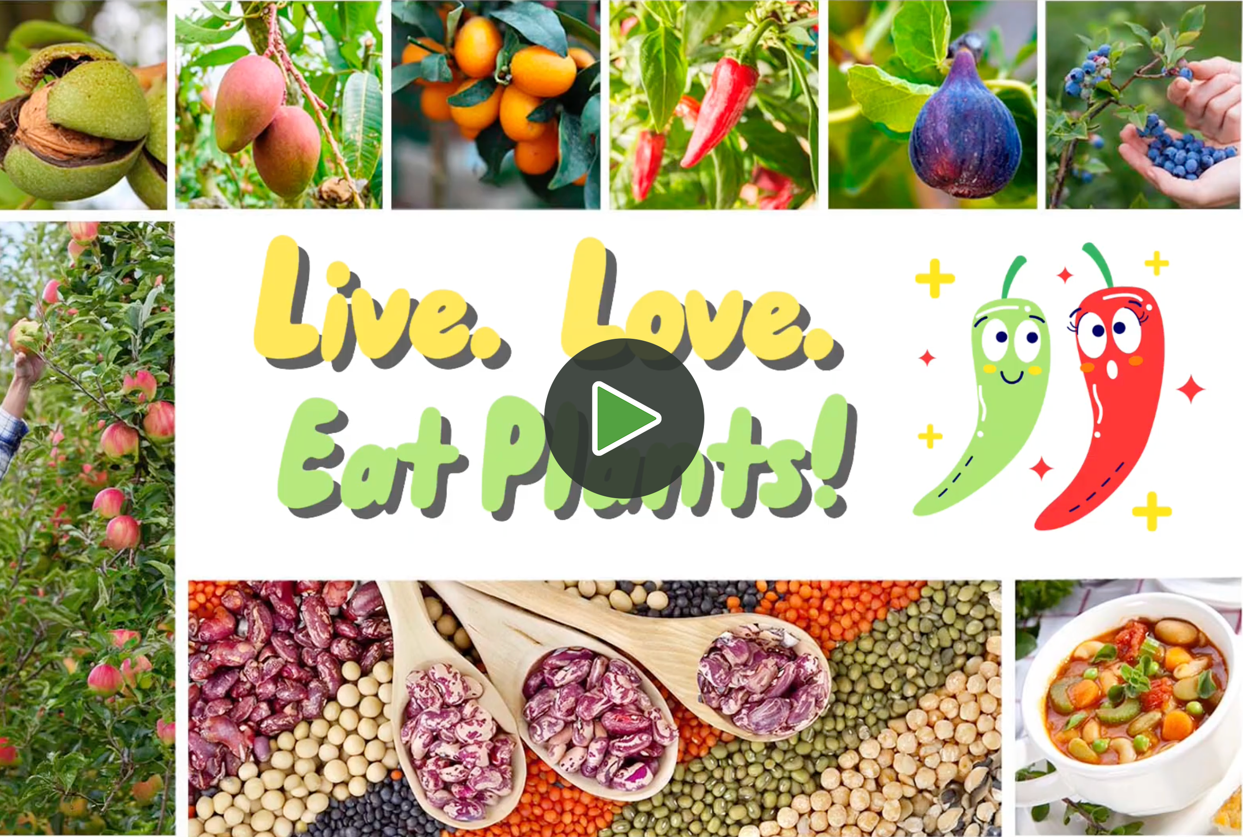 A collage of various images of fresh fruits, vegetables, and food dishes, with a central text that reads "Live. Love. Eat. Happy!" and playful cartoon chili pepper characters.