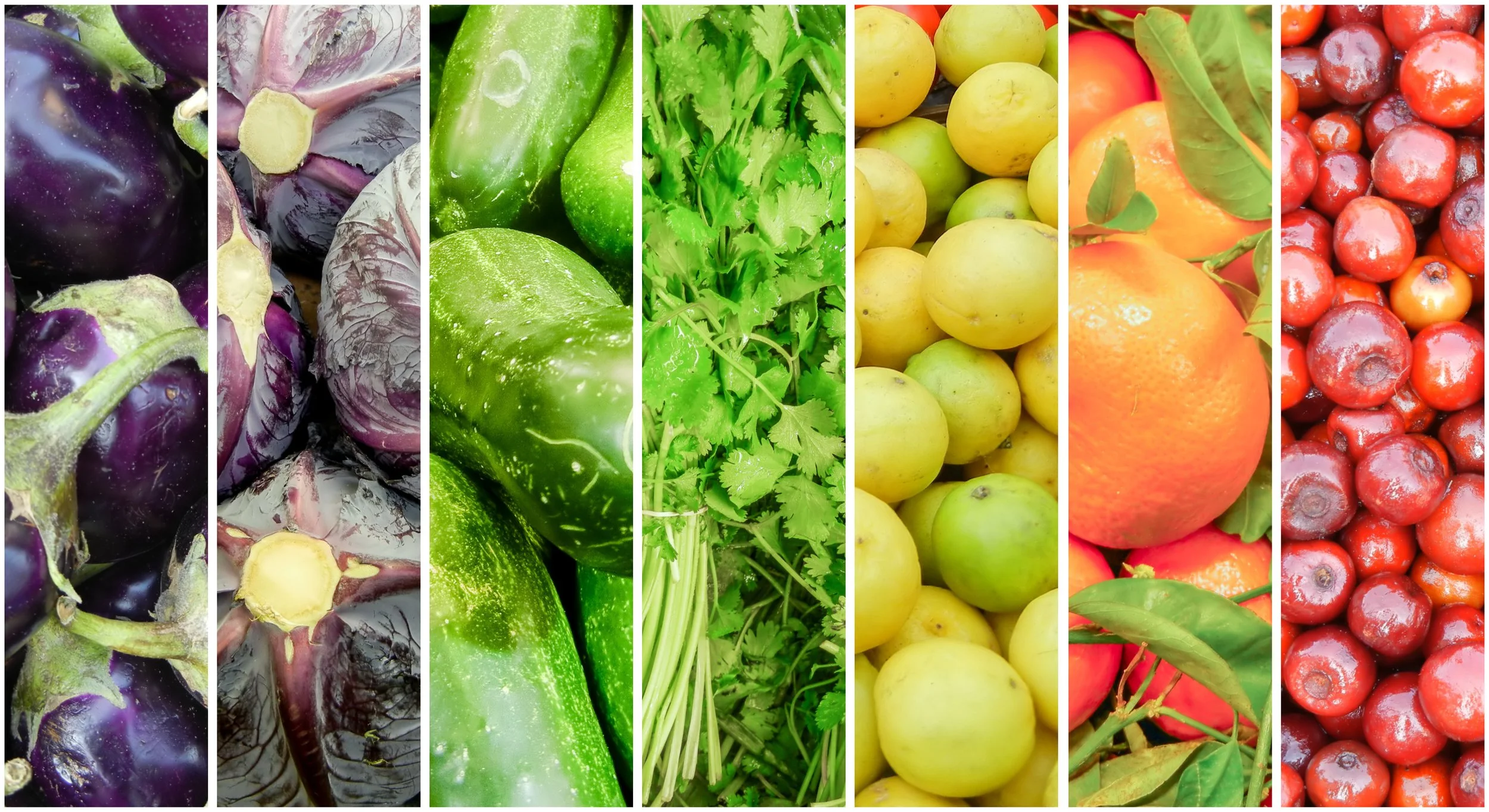 A collage of various fresh vegetables and fruits, including eggplants, purple cabbage, cucumbers, cilantro, yellow apples, oranges, and red cherries.
