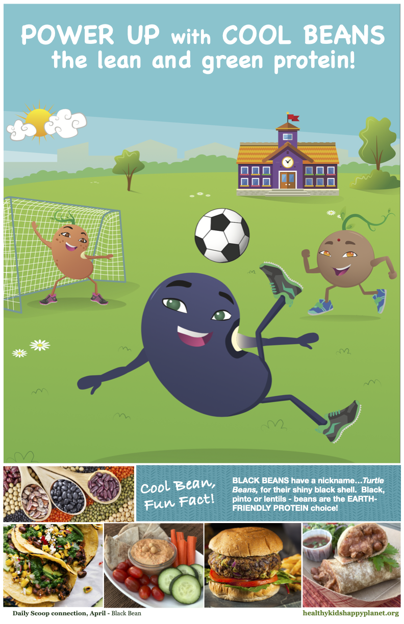 Children playing soccer outdoors near a school building, with a cartoon black bean dancing in the foreground, promoting black beans as a healthy protein option.