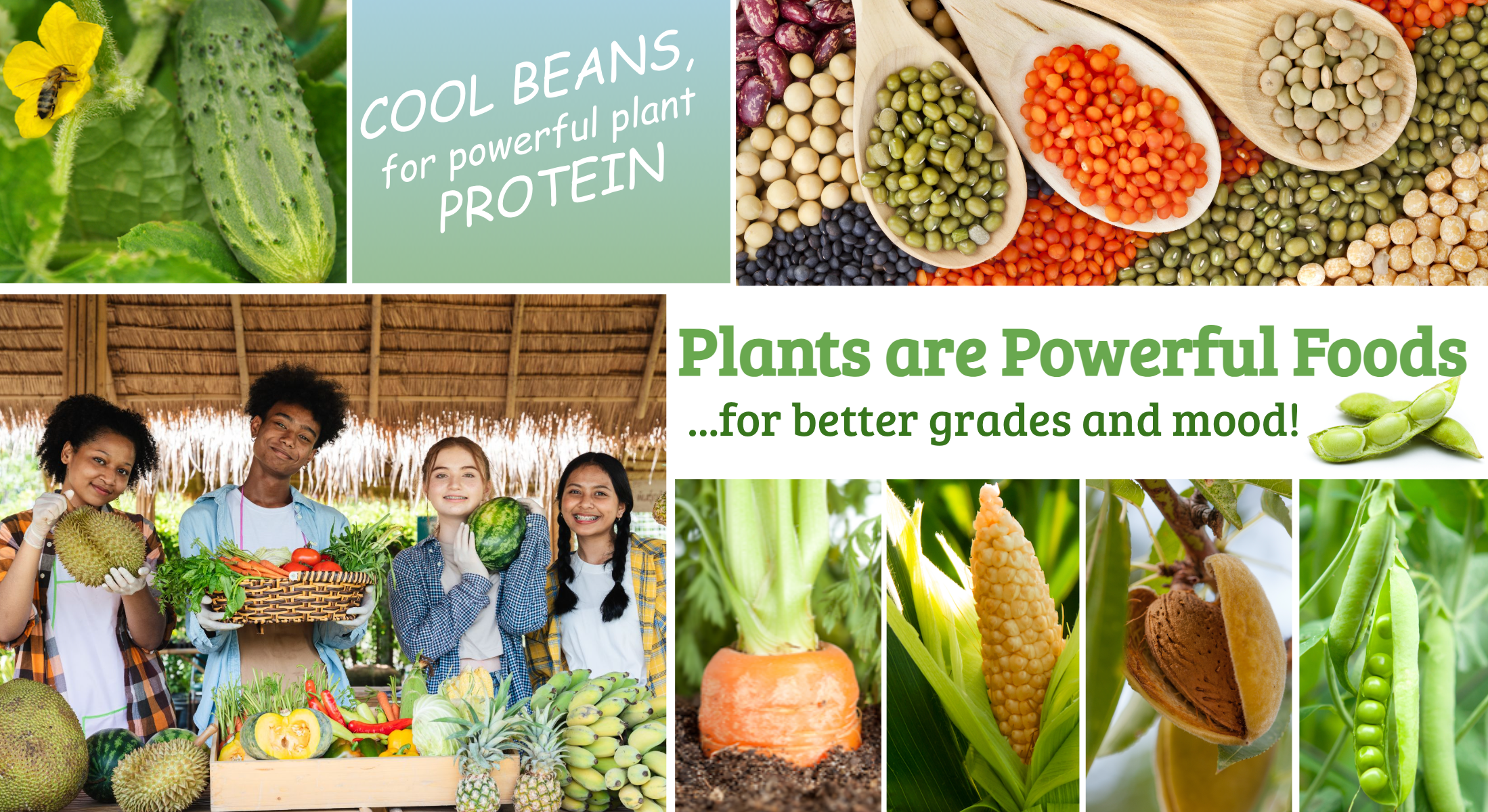 A collage promoting the benefits of plants and beans for health and mood. It features young people holding and surrounded by fresh vegetables and fruits like durians, carrots, pineapples, and corn, with images of various beans and plants. The text highlights plant-based foods as powerful sources of protein for better grades and mood.