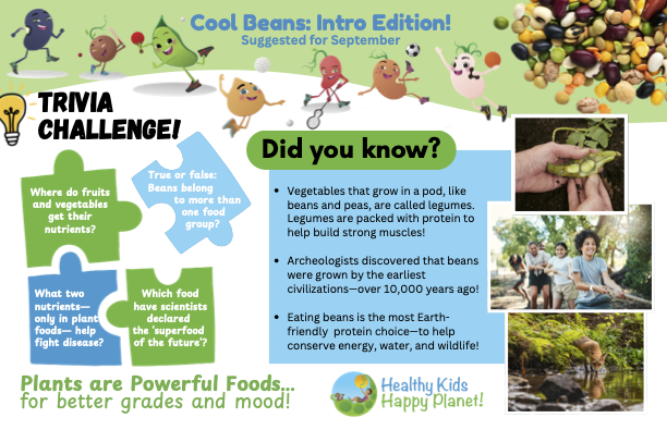 A colorful educational poster titled 'Trivia Challenge' with cartoon characters and facts about vegetables and fruits, including their nutrients and historical discoveries. Contains images of children outdoors, a person holding green vegetables, and a collage of different colorful beans, with a header 'Cool Beans: Intro Edition!'