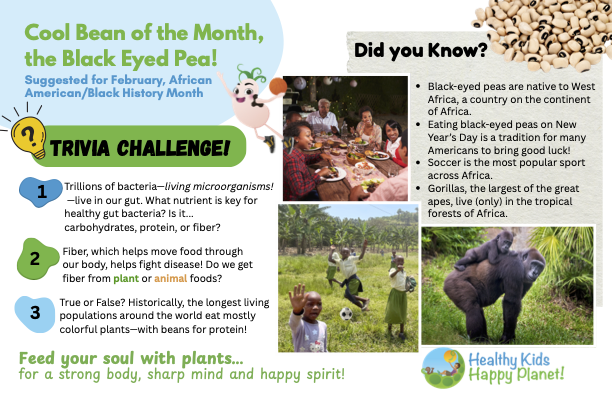 Colorful educational poster about black-eyed peas, featuring trivia questions, facts, and photos of people eating and playing soccer with black-eyed peas, and a gorilla in a natural setting.