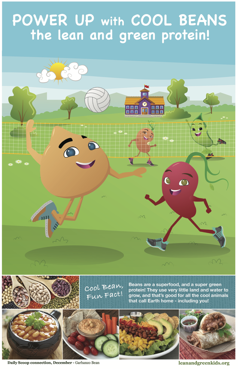 Colorful cartoon illustration of a playground with animated beans, including a garbanzo bean and a red bean, playing volleyball and running. The background features a school, trees, a sunny sky with clouds, and various images of bean-based foods. The text promotes beans as a superfood and green protein.