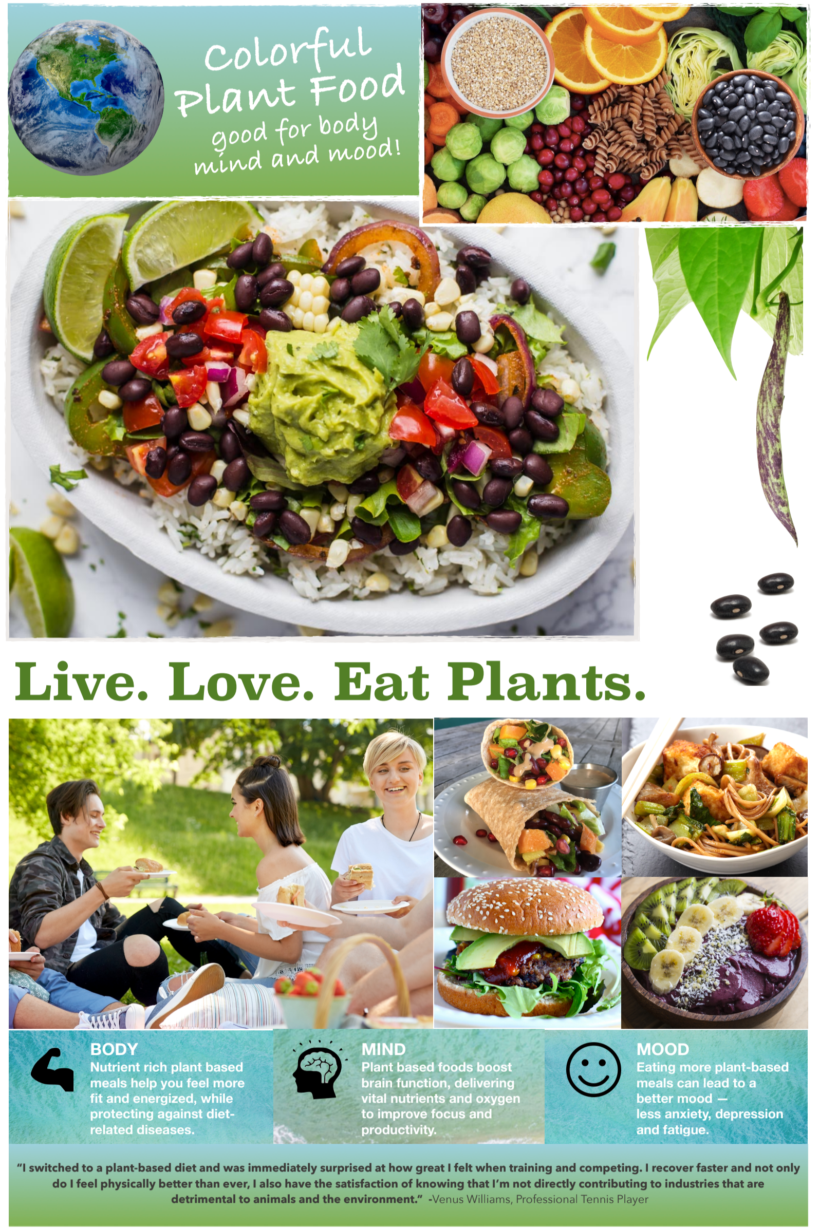 Collage of images promoting plant-based eating, including a salad with avocado, lime, beans, and vegetables, assorted fruits and grains, people enjoying a picnic, and various plant-based dishes like a taco, burger, and dessert, with text emphasizing benefits for body, mind, and mood.