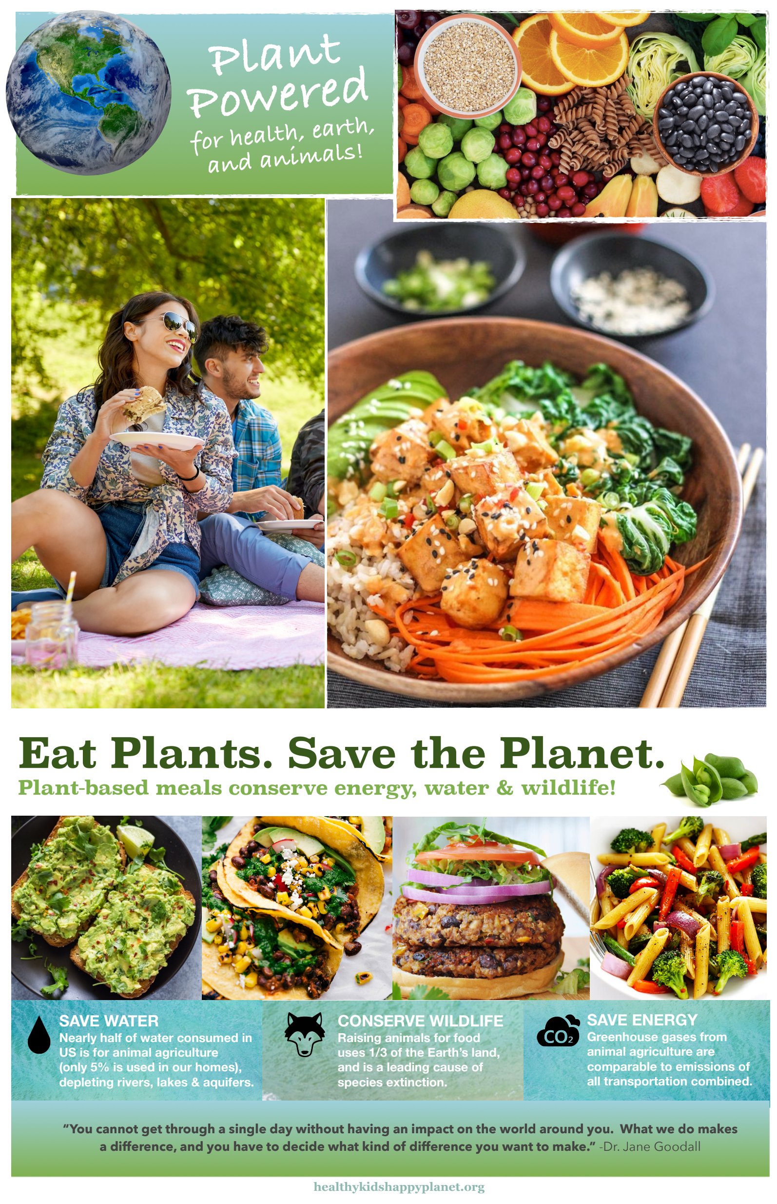 A poster promoting plant-based eating for health, earth, and animals. It features images of plant-based foods like salads, wraps, and vegetables, as well as a woman and man enjoying a picnic outdoors. The poster emphasizes saving water, conserving wildlife, and saving energy.