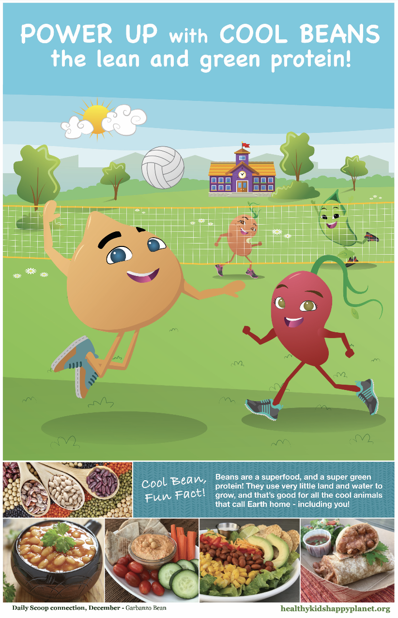 Colorful cartoon illustration of a playground with animated beans, including a garbanzo bean and a red bean, playing volleyball and running. The background features a school, trees, a sunny sky with clouds, and various images of bean-based foods. The text promotes beans as a superfood and green protein.