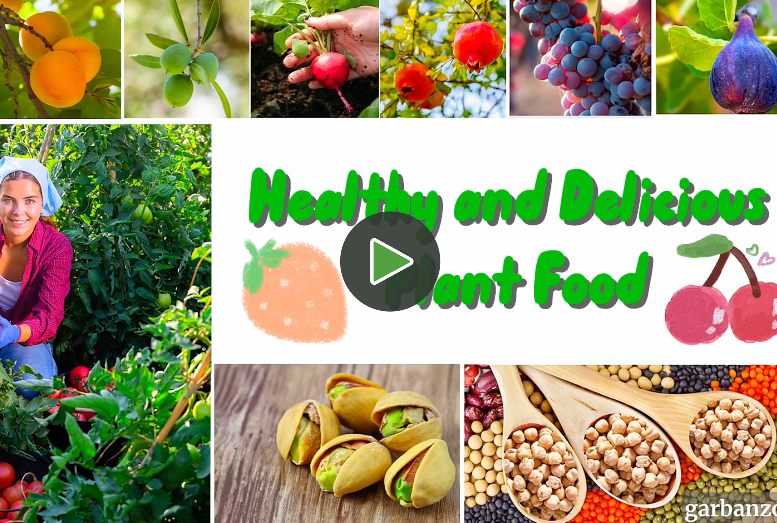 Collage of various fruits, vegetables, and a woman harvesting produce. Includes apricots, green olives, radishes, pomegranates, grapes, figs, pistachios, chickpeas, and lentils. The text 'Healthy and Delicious Plant Food' is prominently displayed.