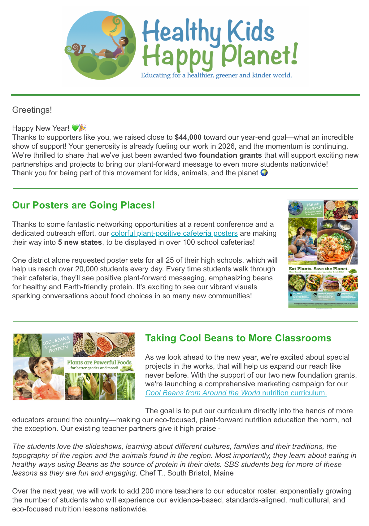 Newsletter from Healthy Kids Happy Planet with logo, kid planting plant, and various plant-based food images. Text discusses raising funds, planting posters, and nutrition projects.