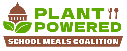 Logo with a dome, green leaves, and fork and knife. Text reads 'Plant Powered School Meals Coalition' with 'School Meals Coalition' on a brown banner.