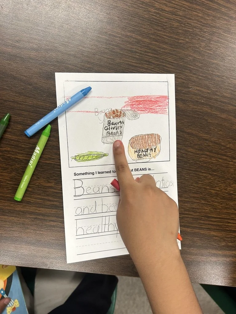 A child's drawing of bean cans labeled "Bean Grocery" and "Healthy" on a piece of paper, with a green bean illustration and a red sun in the background. A child's hand with a red fingernail is pointing to the drawing, and there are green and blue mar