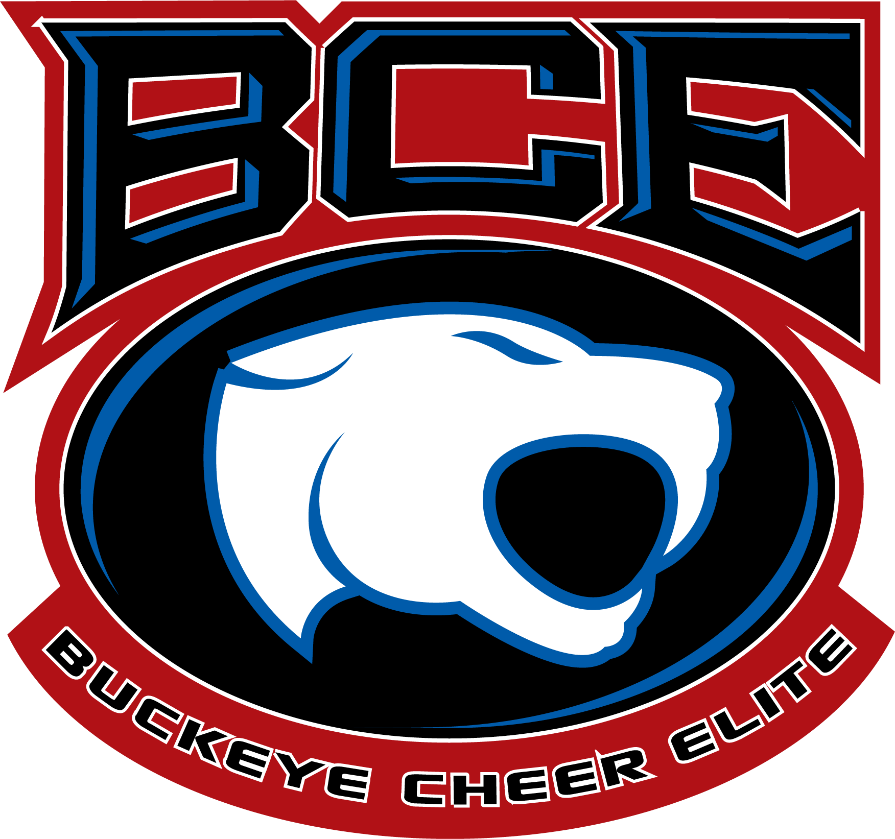 Circular badge with a cat head logo in the center. The badge is red, black, white, and blue. Text around the badge reads 'BCE' and 'BUCKEYE CHEER ELITE'.