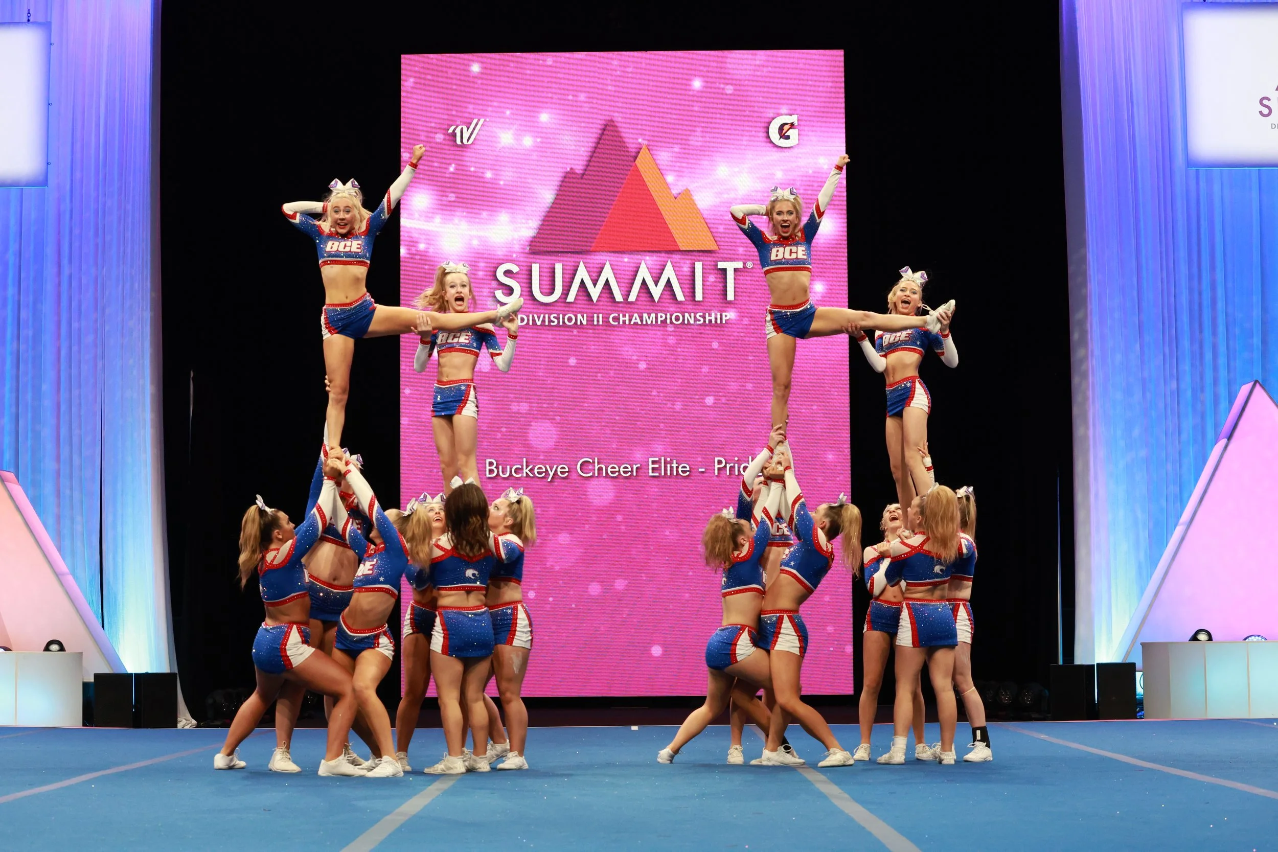 Cheerleading team performing stunts on stage at a competition with a pink digital backdrop displaying 'SUMMIT Division II Championship' and logos
