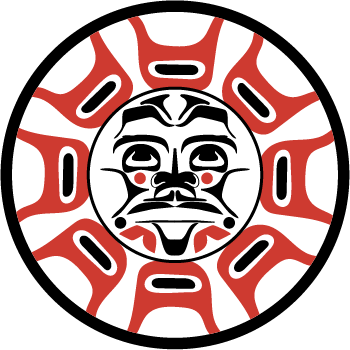 Native American-inspired circular design with a central face and surrounding red and black geometric patterns.