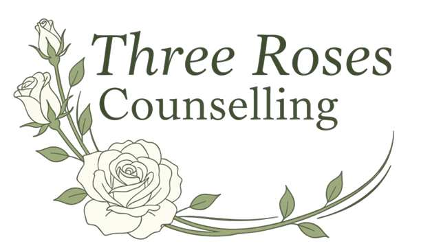 Logo for Three Roses Counselling featuring three stylized roses with leaves, and the text 'Three Roses Counselling'.