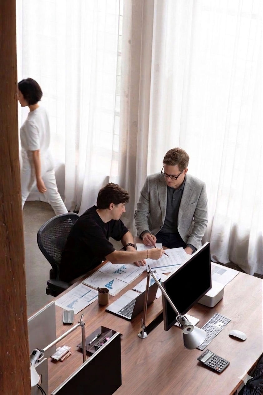 Two men working together at a desk with papers, a laptop, and a computer monitor, while a woman walks past in the background in a bright room with white curtains.
