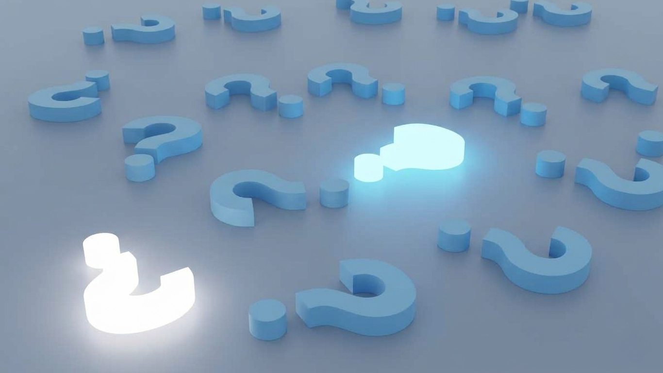 Several blue 3D question marks scattered on a surface, with two illuminated white question marks among them.