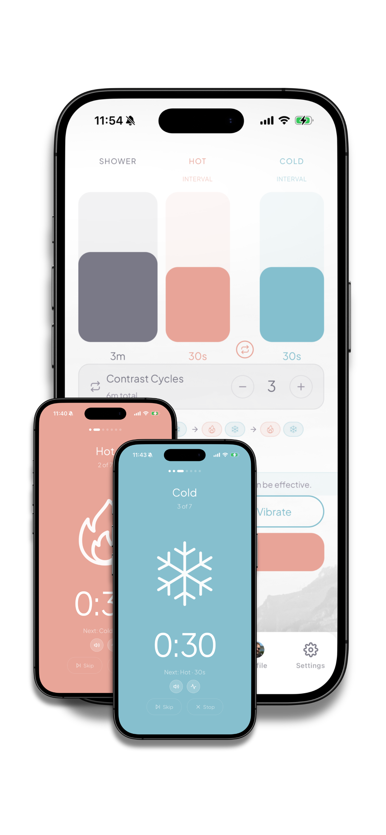Smartphone screens displaying a shower timer app with presets for hot, cold, and shower modes, each with countdown timers and control options.