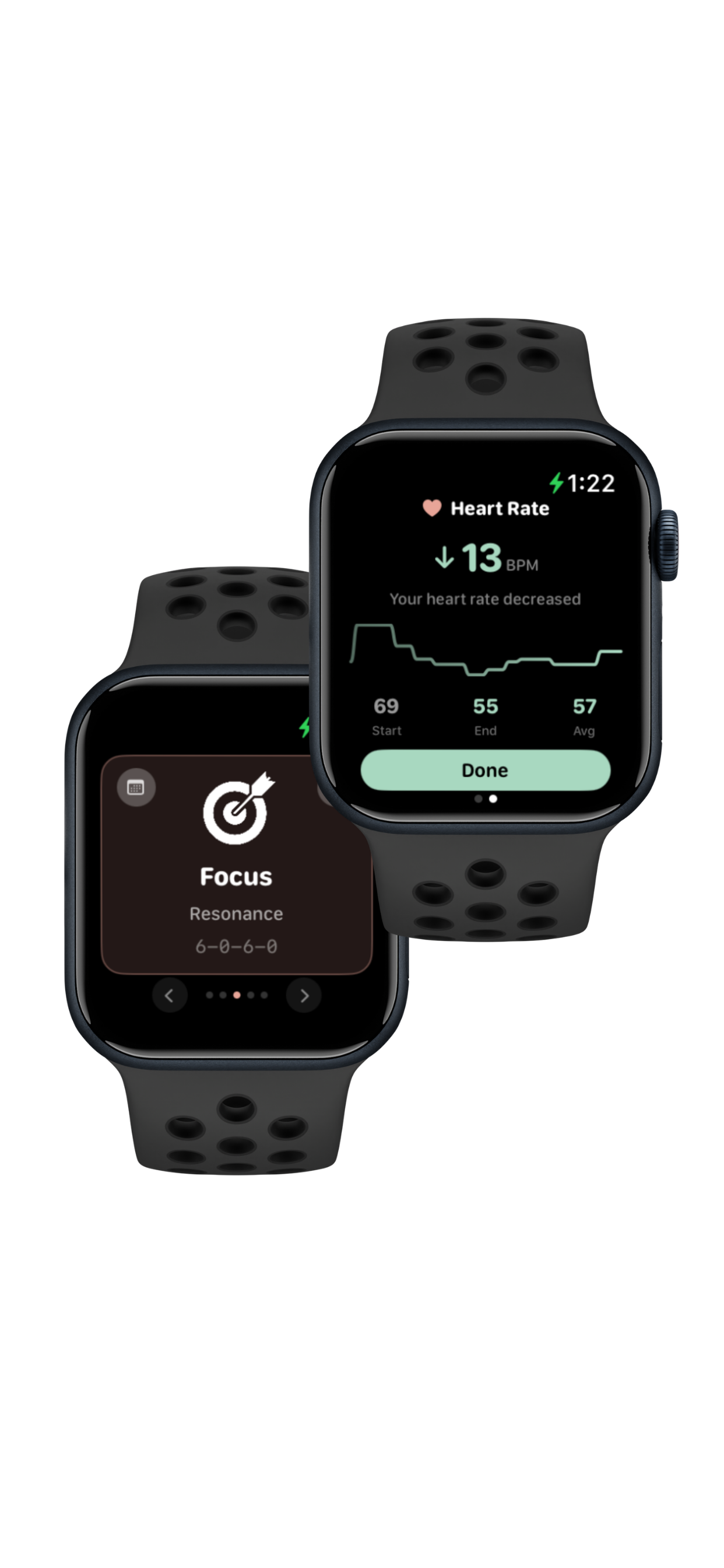 Two smartwatches display health metrics; the one in the front shows a decreased heart rate of 13 BPM with a graph, and the one behind shows a focus app with resonance settings.