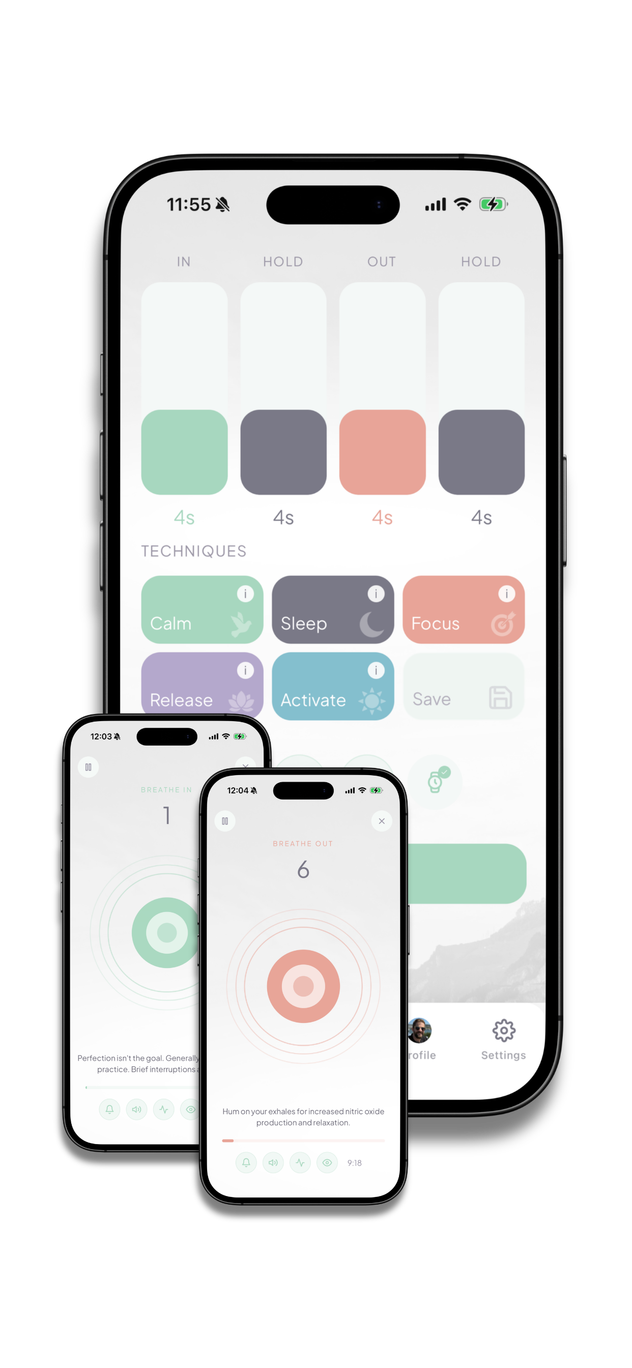 Screenshots of a breathing and relaxation app on a smartphone displaying different breathing exercises and techniques.