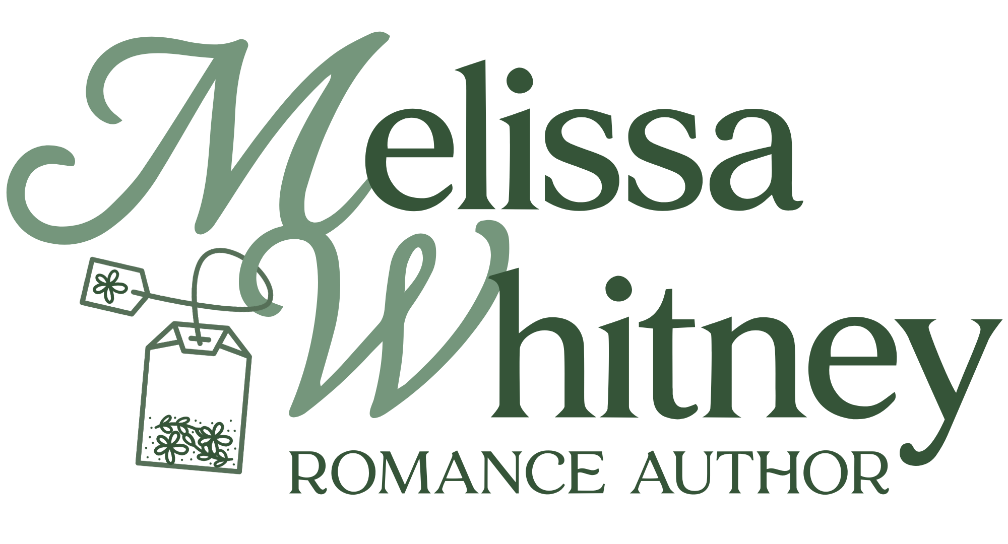 Illustrated book cover for Melissa Whitney, Romance Author, featuring a stylized green text and a small illustration of a love letter and a gift box with flowers.
