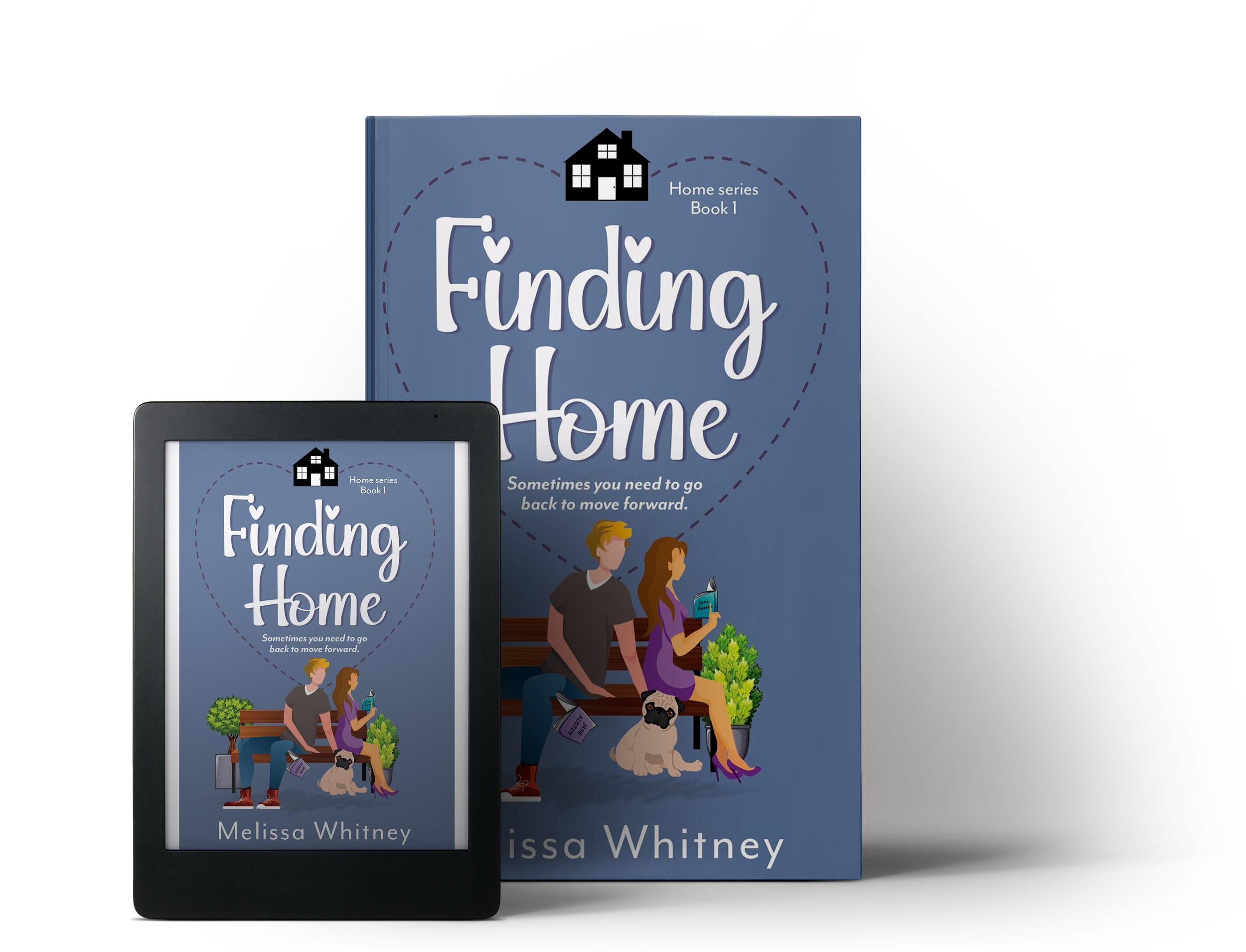 A physical & digital copy of the book 'Finding Home' by Melissa Whitney. The cover features an illustration of a man and woman sitting on a park bench, with a dog on a blue background. 